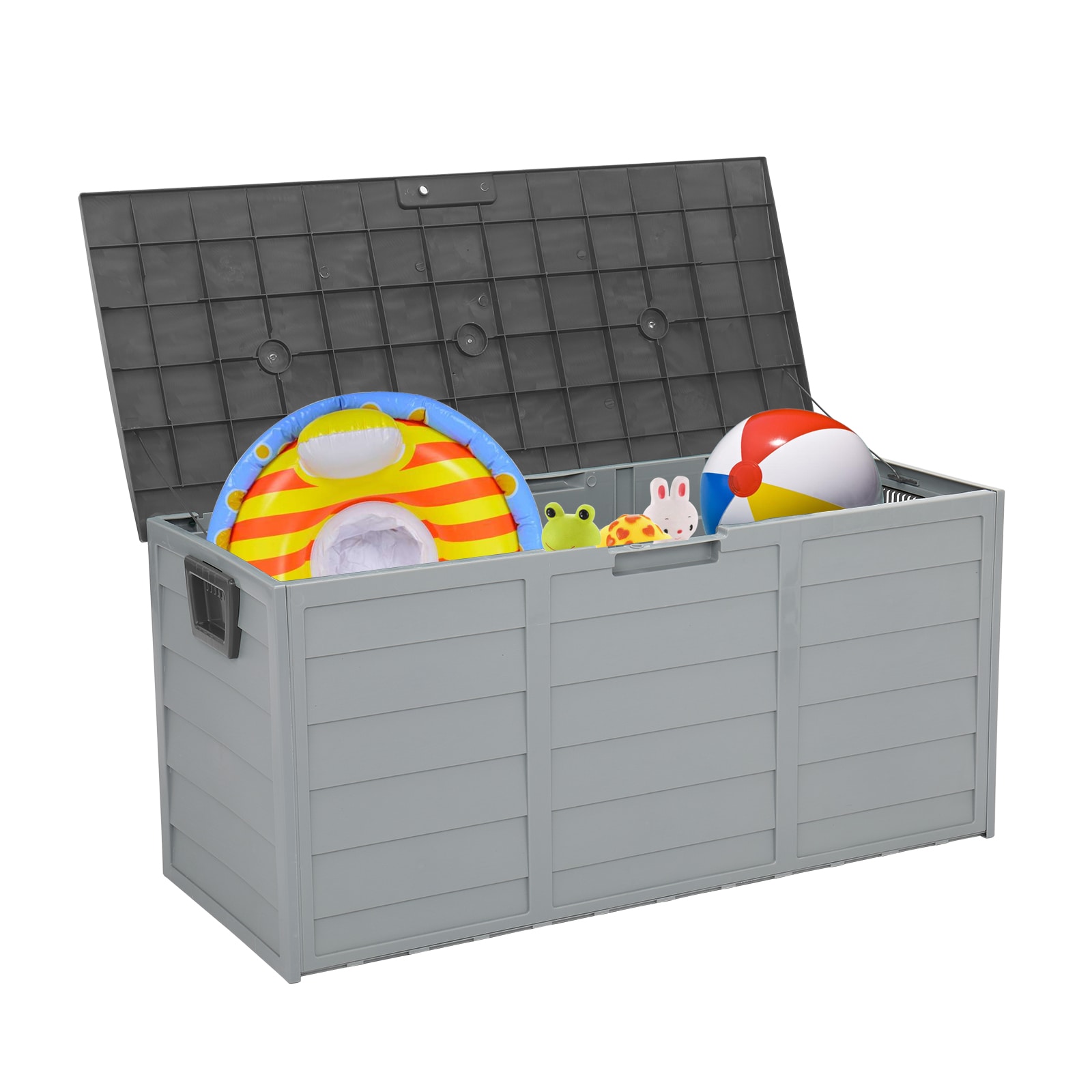 GlasFlength  75 Gallon 260L Weatherproof Deck Boxs with Rolling Wheels Lockable Seat Generous Plastic Garden Storage Chest Patio Organizer for Backyard Balcony Light Gray