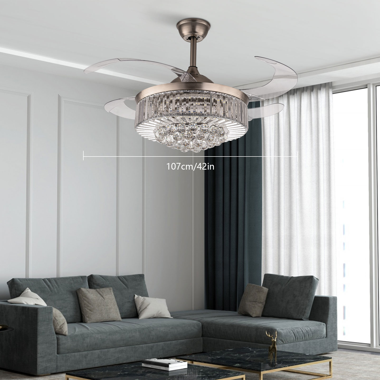 Oukaning JZUCOD-01360099 42-in Color-Changing Integrated LED Crystal with ABS Blades Chandelier Ceiling Fan With Light - Remote Included ( 4 -Blade )