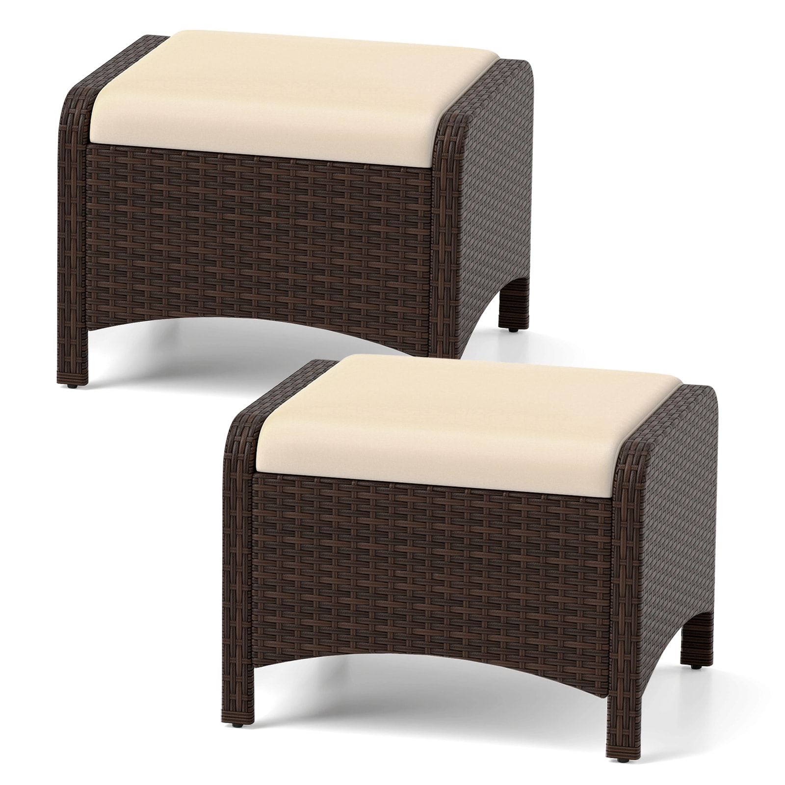 Slickblue D-CO-NB68927WH 2 Pieces Outdoor Patio PE Wicker Ottomans with Removable Cushions for Outdoor Use Patio Seating Footrest