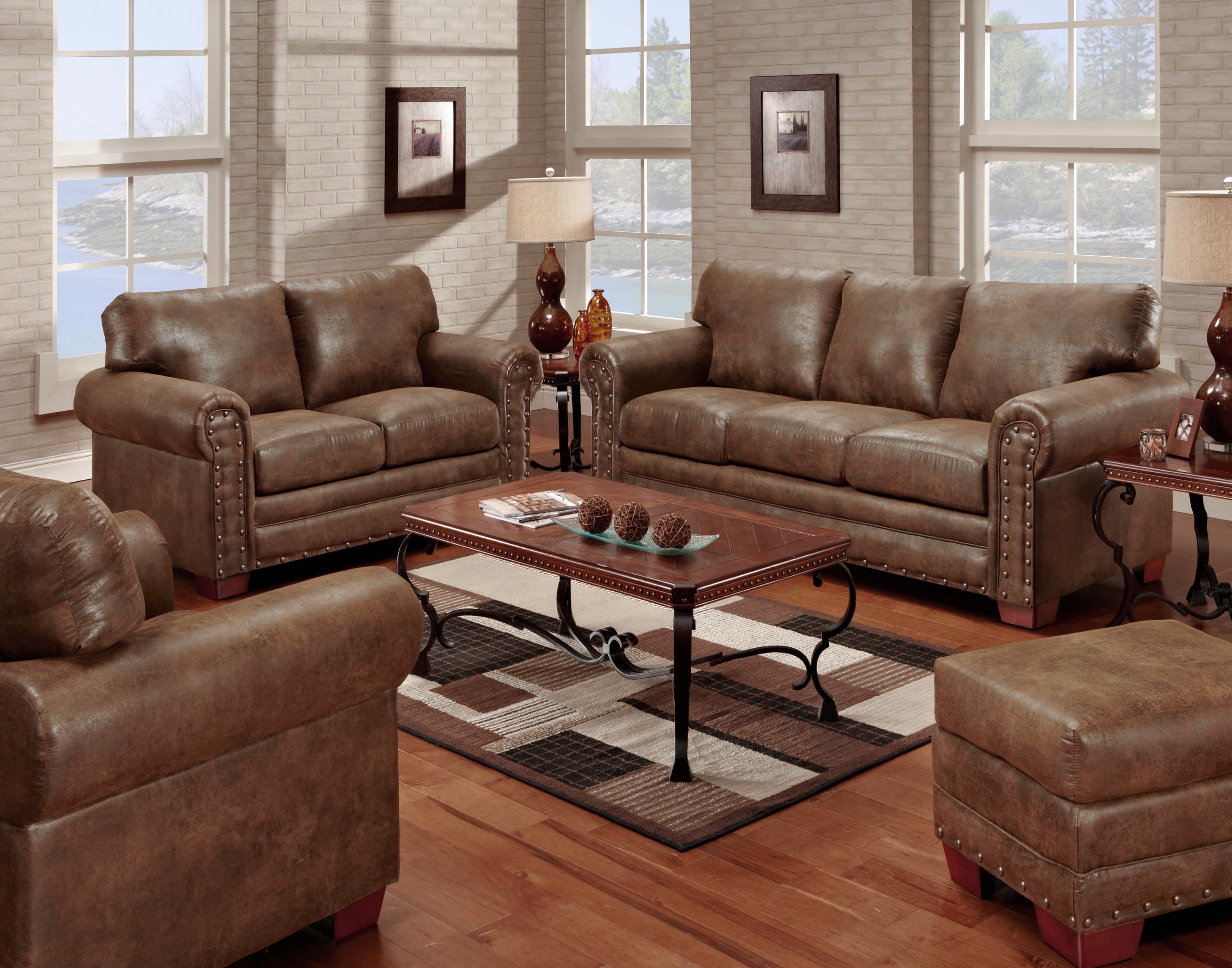 Buckskin Brown Faux Leather Sofa Set with Ottoman and Nailhead Accents