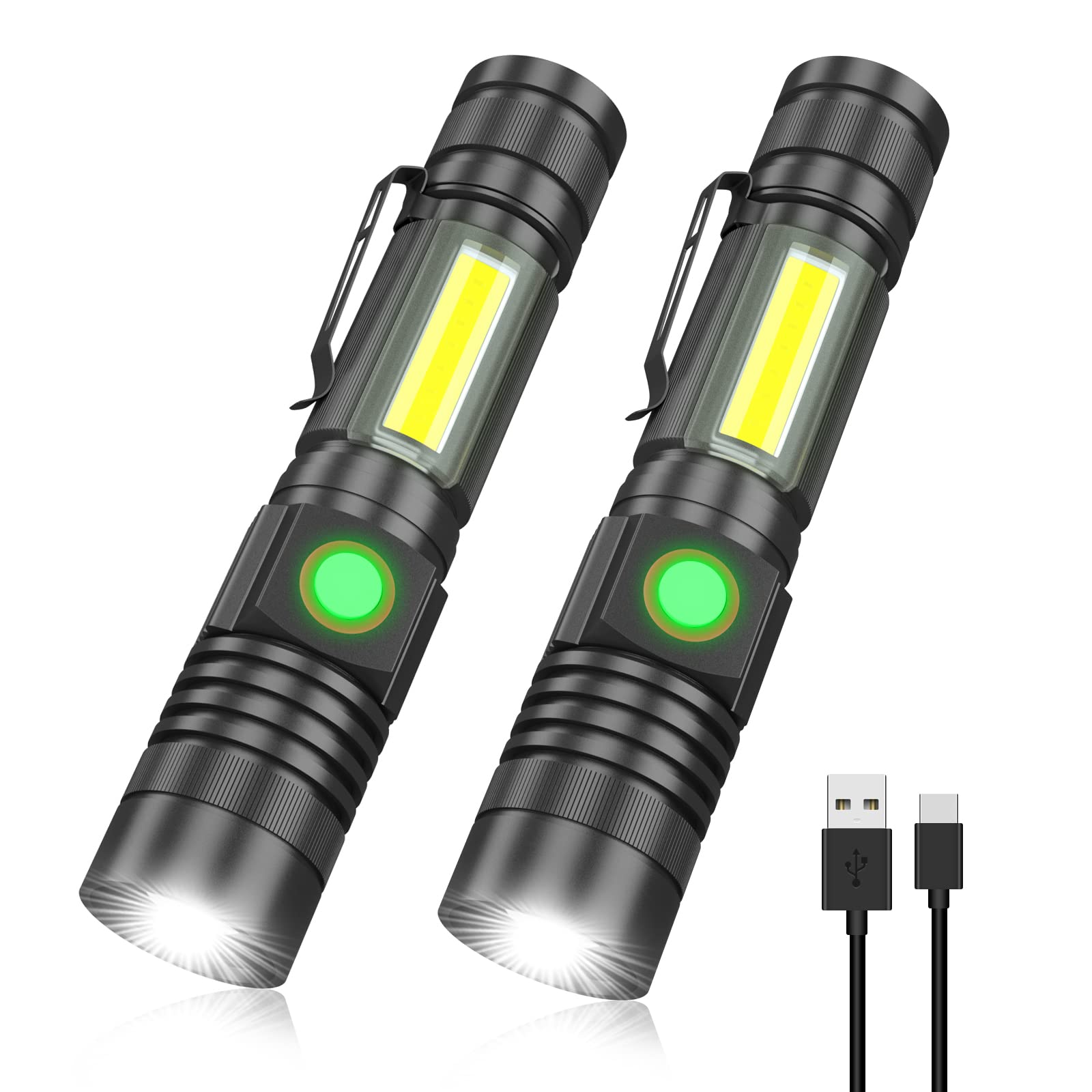 IUEST  USB Magnetic LED Flashlight 2-Pack with COB Side Light 4 Modes Zoom Water-Resistant High Lumen for Indoor Outdoor Use Red