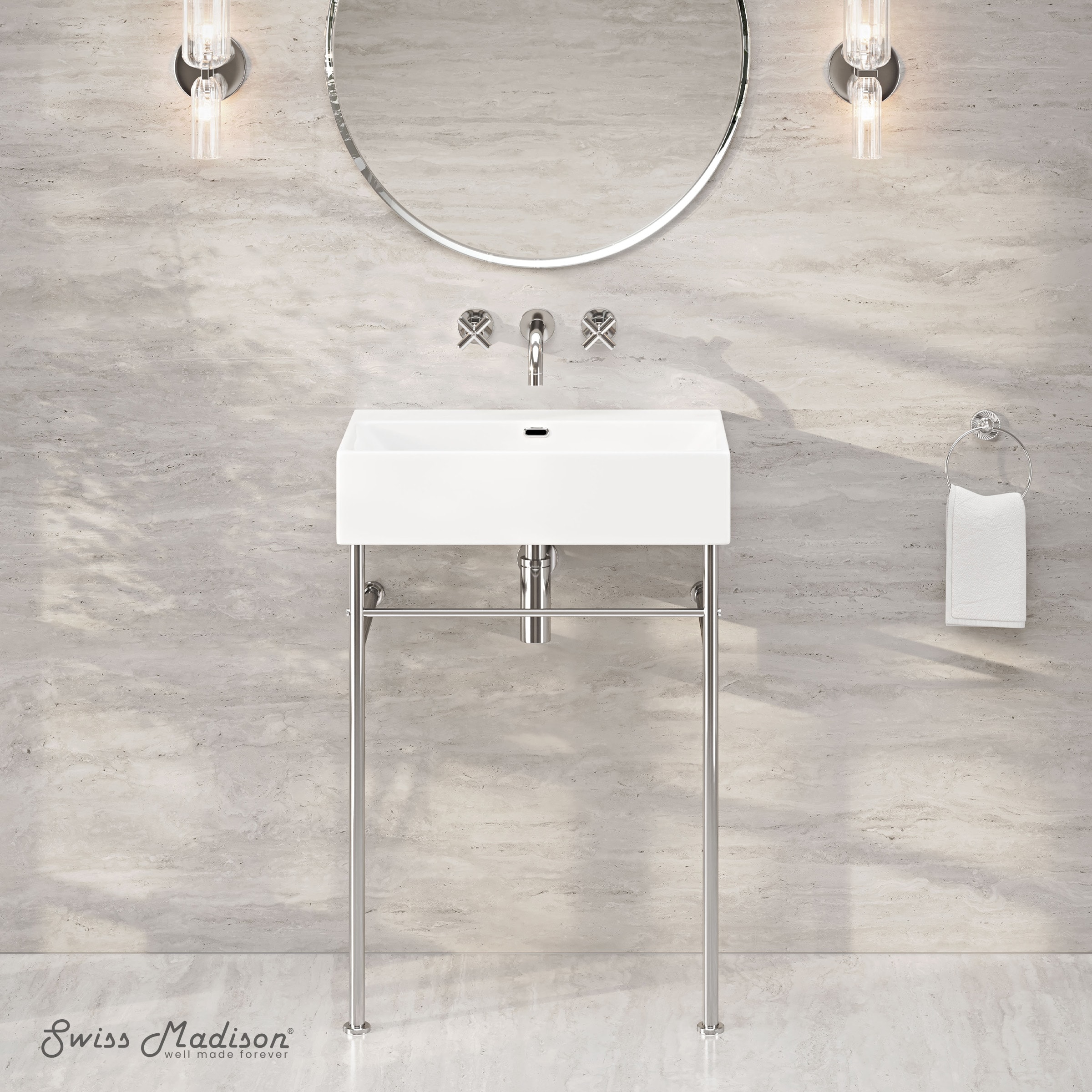 Swiss Madison SM-25-CSREI01CH-0 Reims Ceramic 24-in Wall-mount Modern Polished Chrome Console Sink with Base