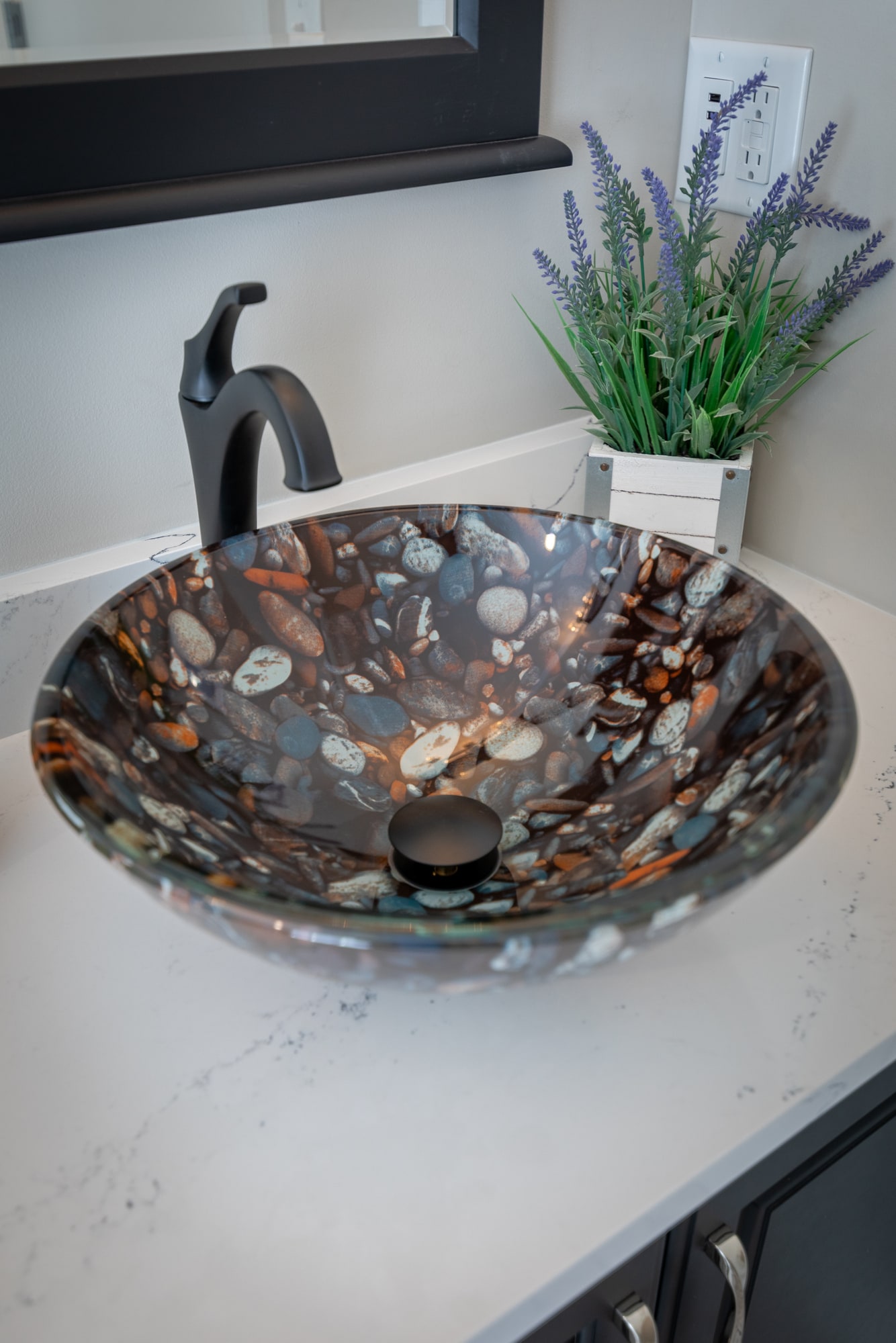 16.5'' Gray and Tan Tempered Glass Pebble Vessel Sink