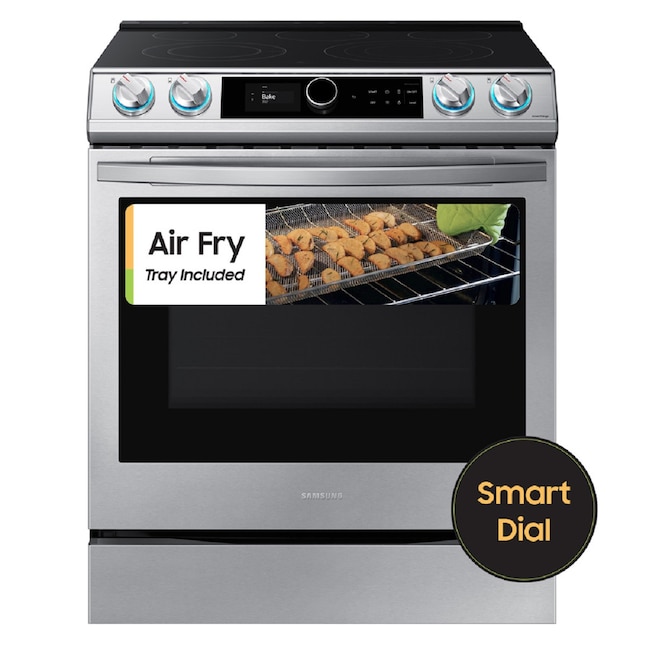 Samsung 30-in Glass Top 5 Burners 6.3-cu ft Self-Cleaning Air Fry Slide-in  Smart Electric Range (Fingerprint Resistant Stainless Steel) in the Single  Oven Electric Ranges department at