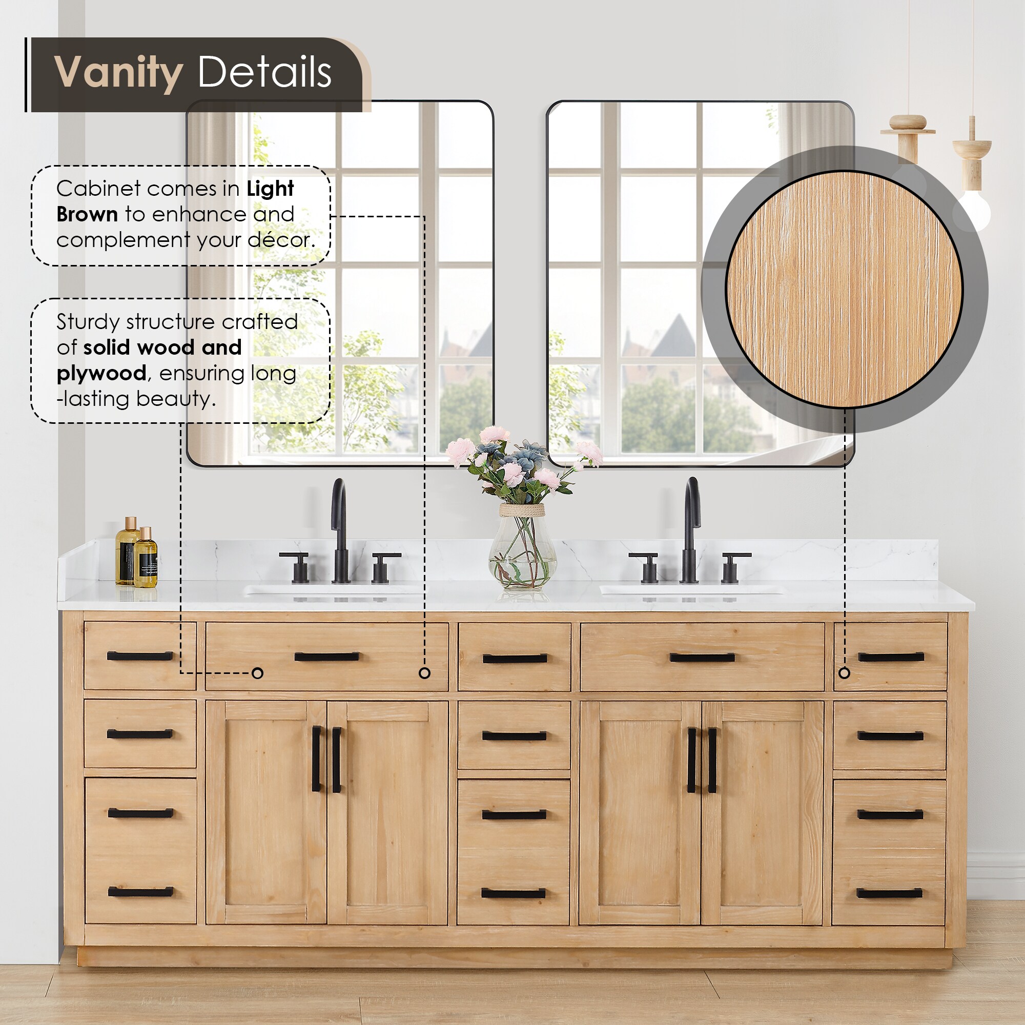 Gavino 84" Light Brown Double Vanity with White Stone Countertop and Mirror