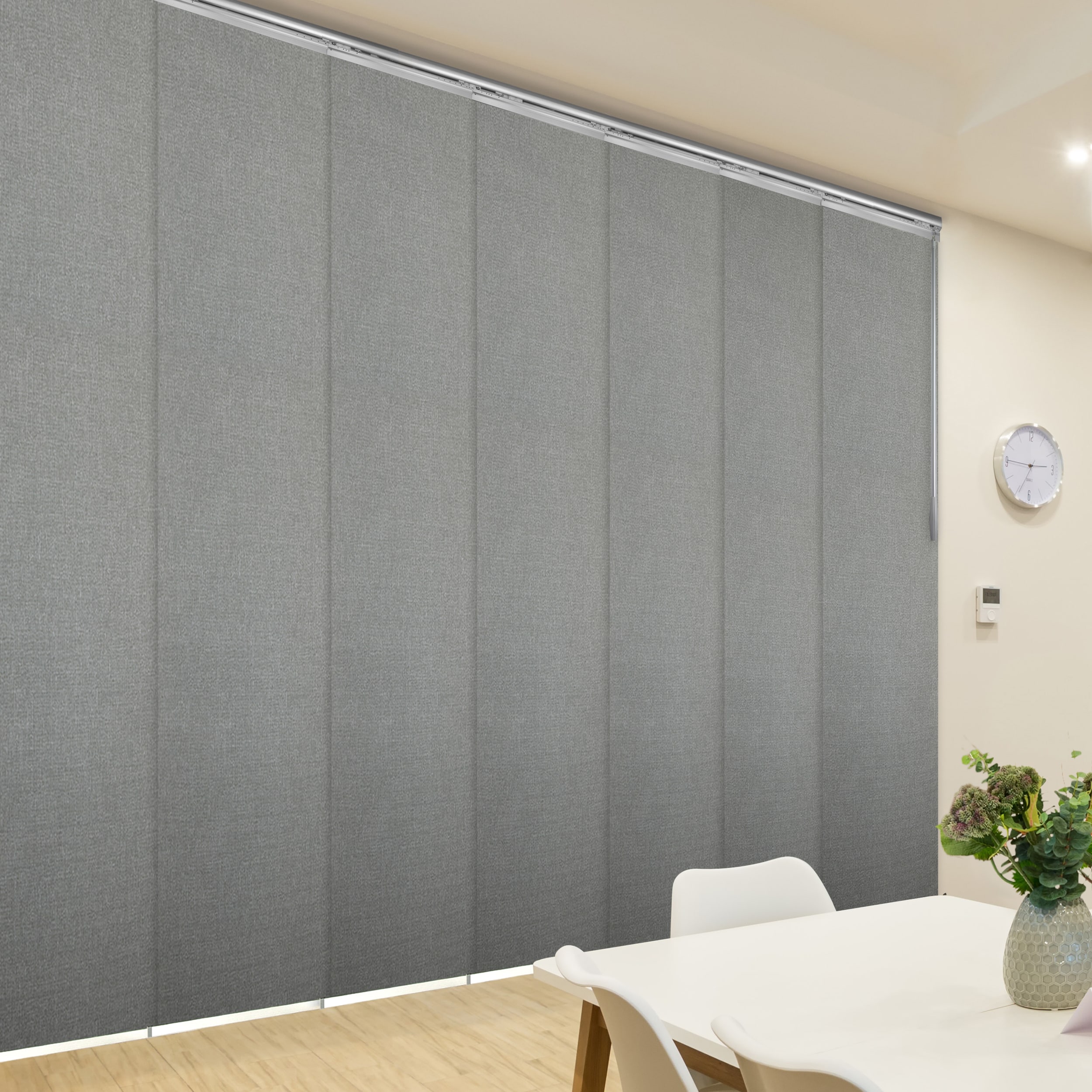 Hart & Harlow L-T24-7-7P31A Ezra 7-panel 0.3-in Slat Width 23.5-in x 94-in Cordless Satin Nickel Aluminum Light Filtering Vertical Blinds