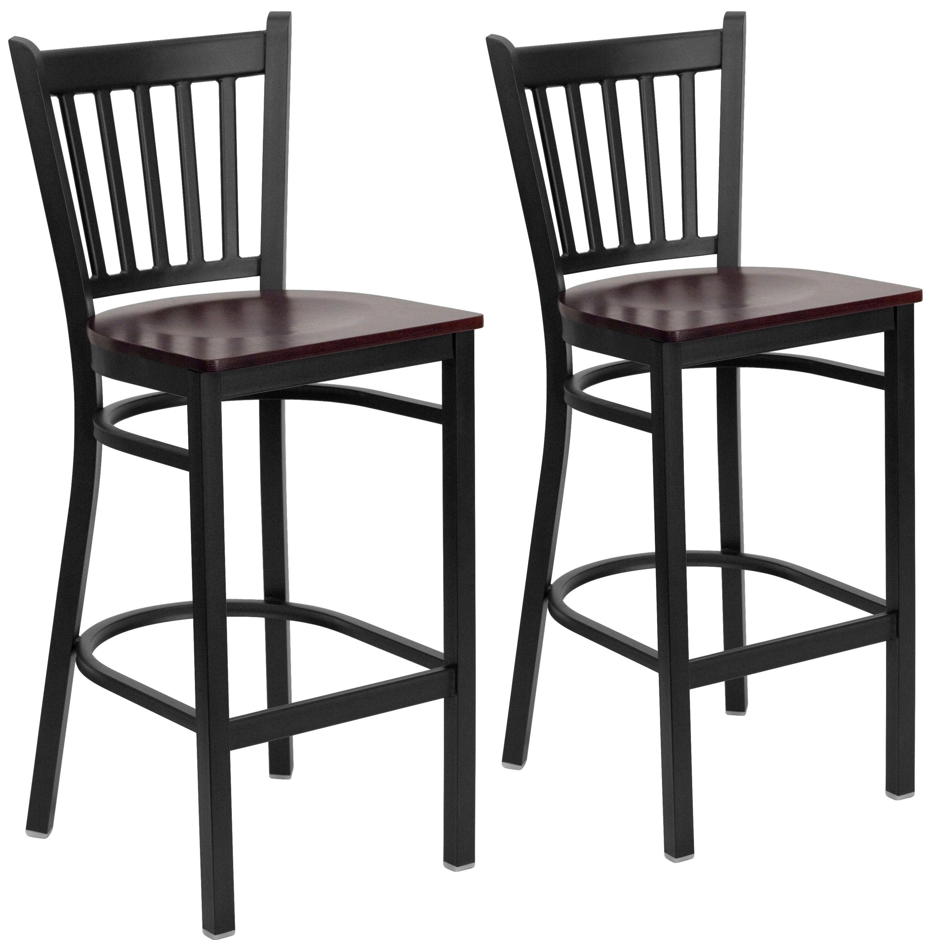 Emma + Oliver - 2 Pack Black Vertical Back Metal Restaurant Barstool - Mahogany Wood Seat
