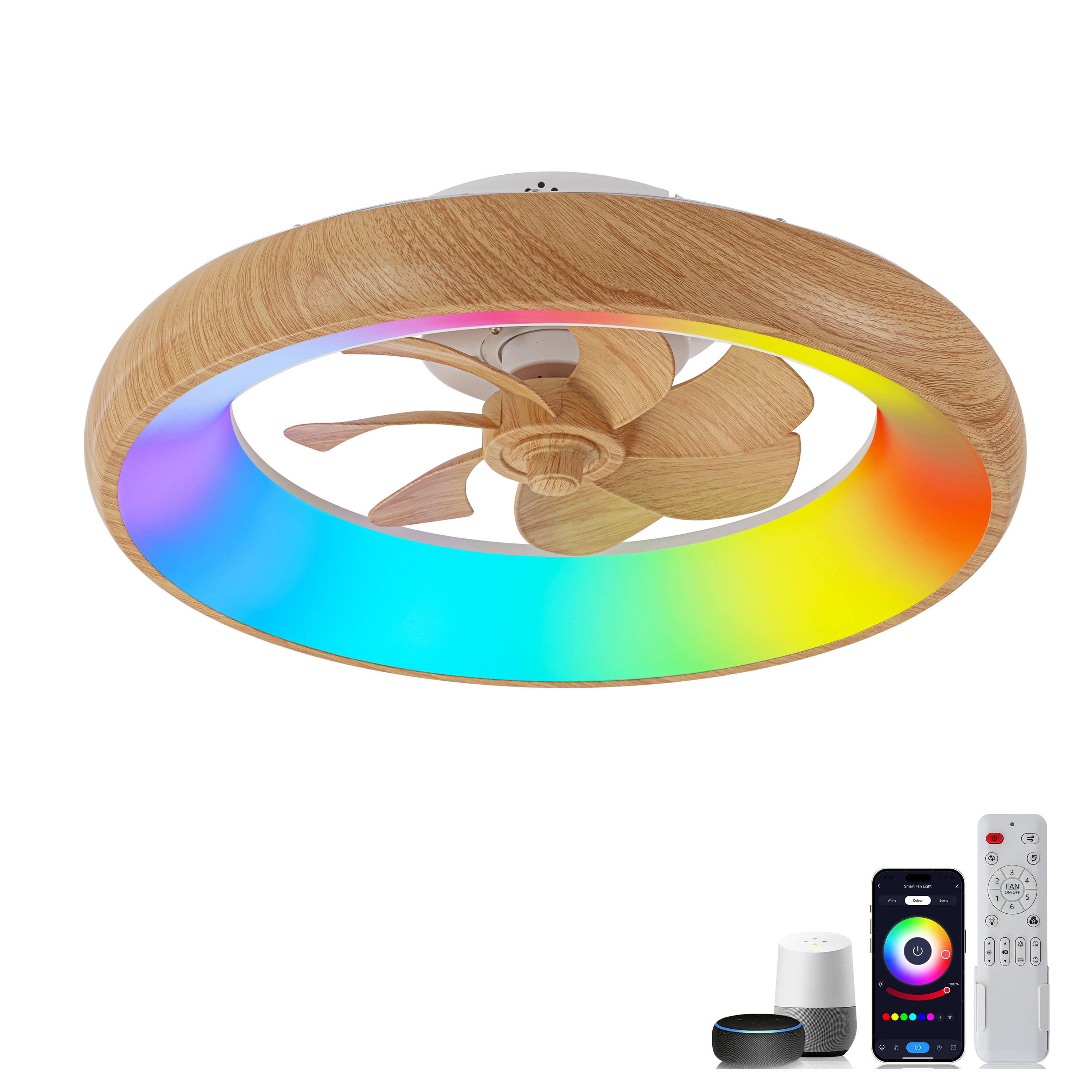 C Cattleya LCA2618-CFW 12-in Color-Changing Integrated LED Flush Mount Smart Woodgrain with Woodgrain Blades Ceiling Fan With Light - Remote Included ( 7 -Blade )