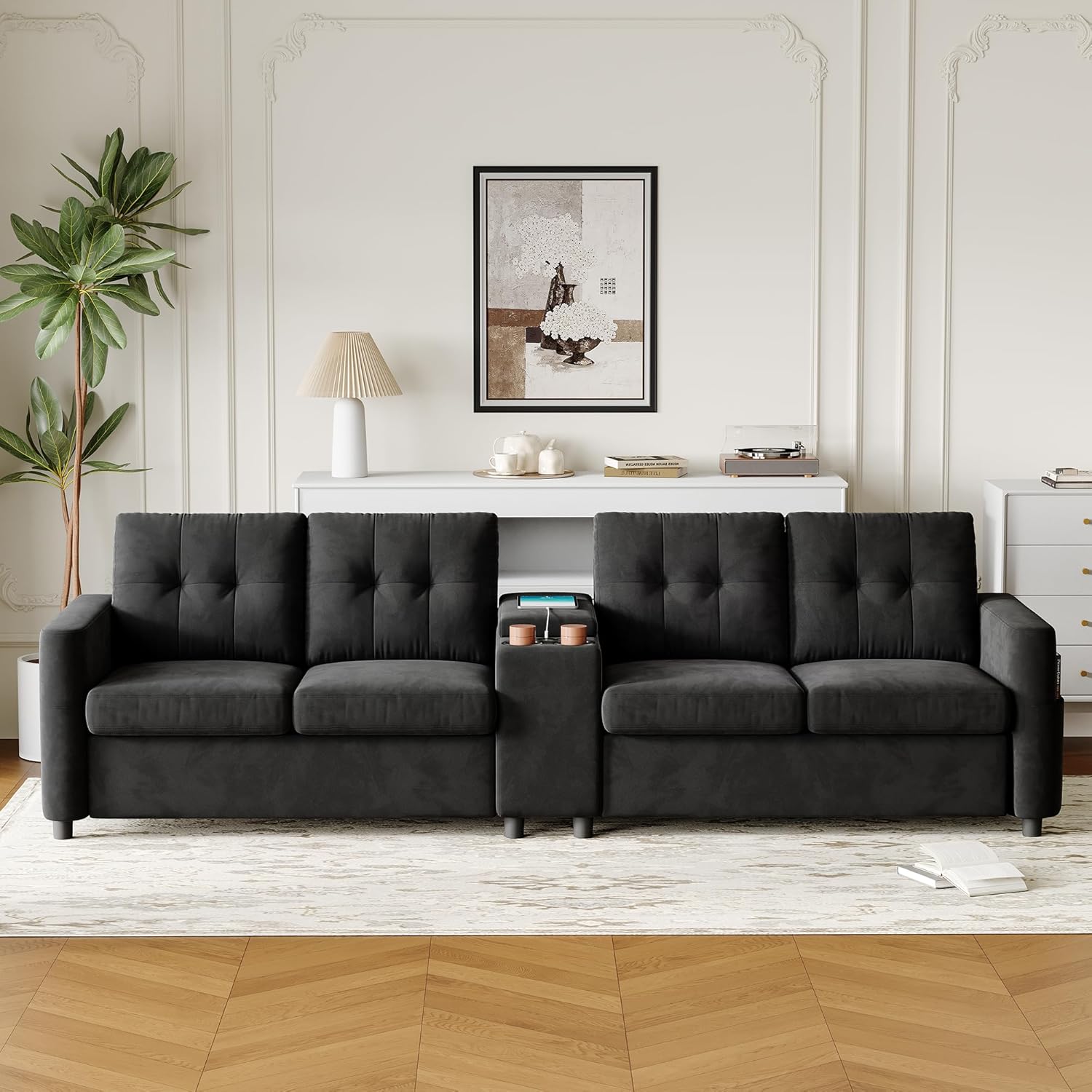 Der Rose PHK_343K4M9V Modern Sectional Couch for 4  with Wireless Charging Storage Box Pocket 2 Cup Rack Solids Wood Frame Deep Upholstered for Living Room Bedroom Black