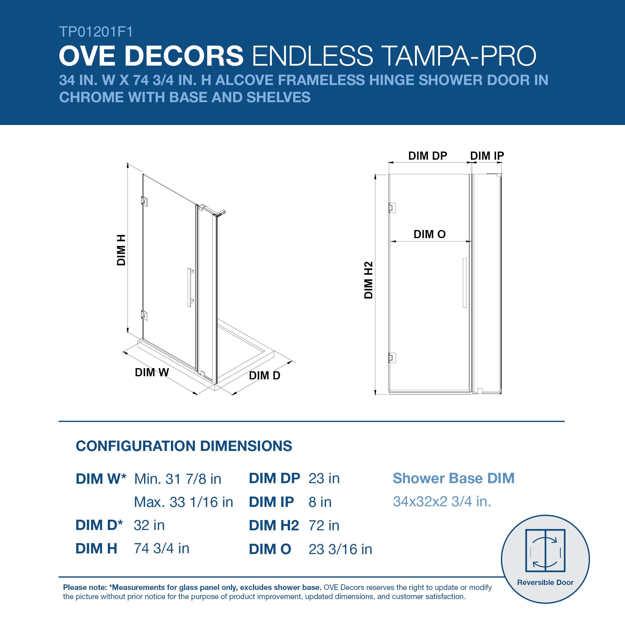 OVE Decors Tampa-Pro Polished Chrome 34-in x 32-in x 75-in Base/Door ...