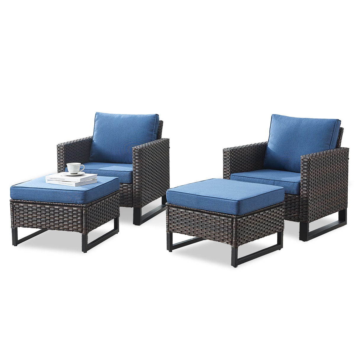 Rilyson FS120119-1 U-FEET Set of 2 Wicker Brown Wicker Frame Stationary Conversation Chair with Brown Blue Cushioned Seat