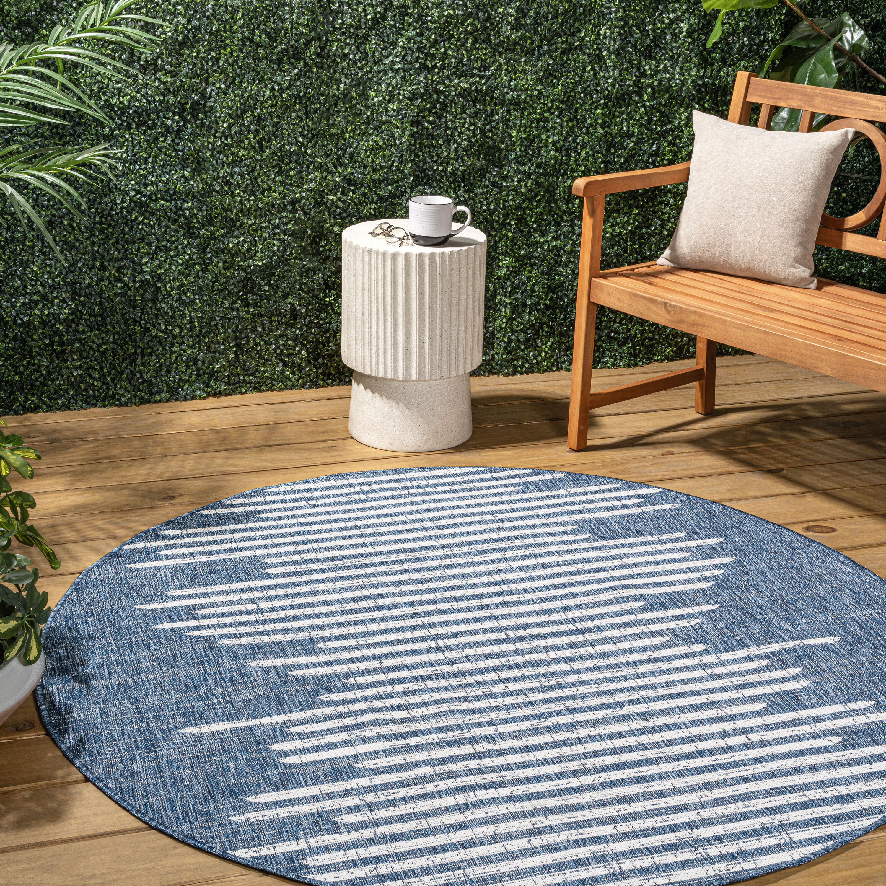 JONATHAN  Y SMB124C-9R SANTA MONICA Zolak Berber Stripe Geometric 9 x 9 (ft) Polypropylene Blue/Ivory Round Indoor Medallion Bohemian/Eclectic Area rug