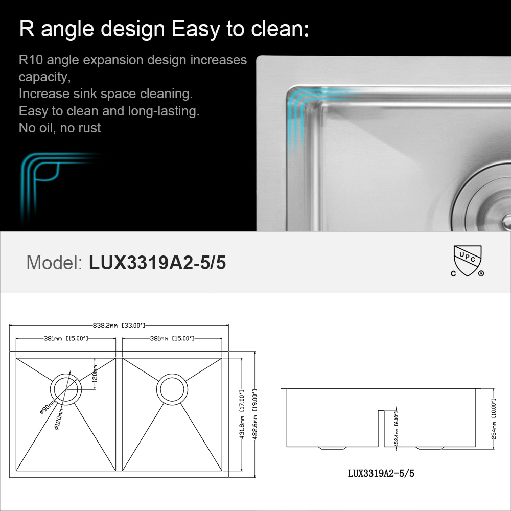 Lordear 50/50 Bowl Undermount 33-in x 19-in Stainless Steel Double ...