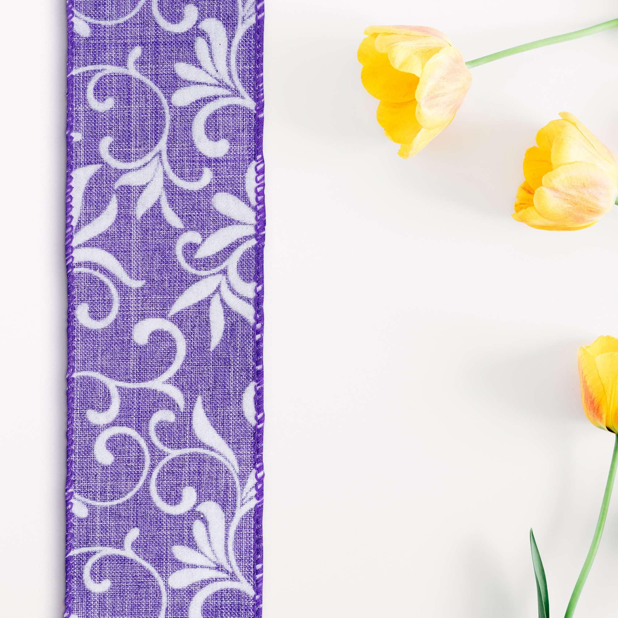 Textured Floral Vine Wired Craft Ribbon - 2.5 inch x 10 Yards - Purple and White
