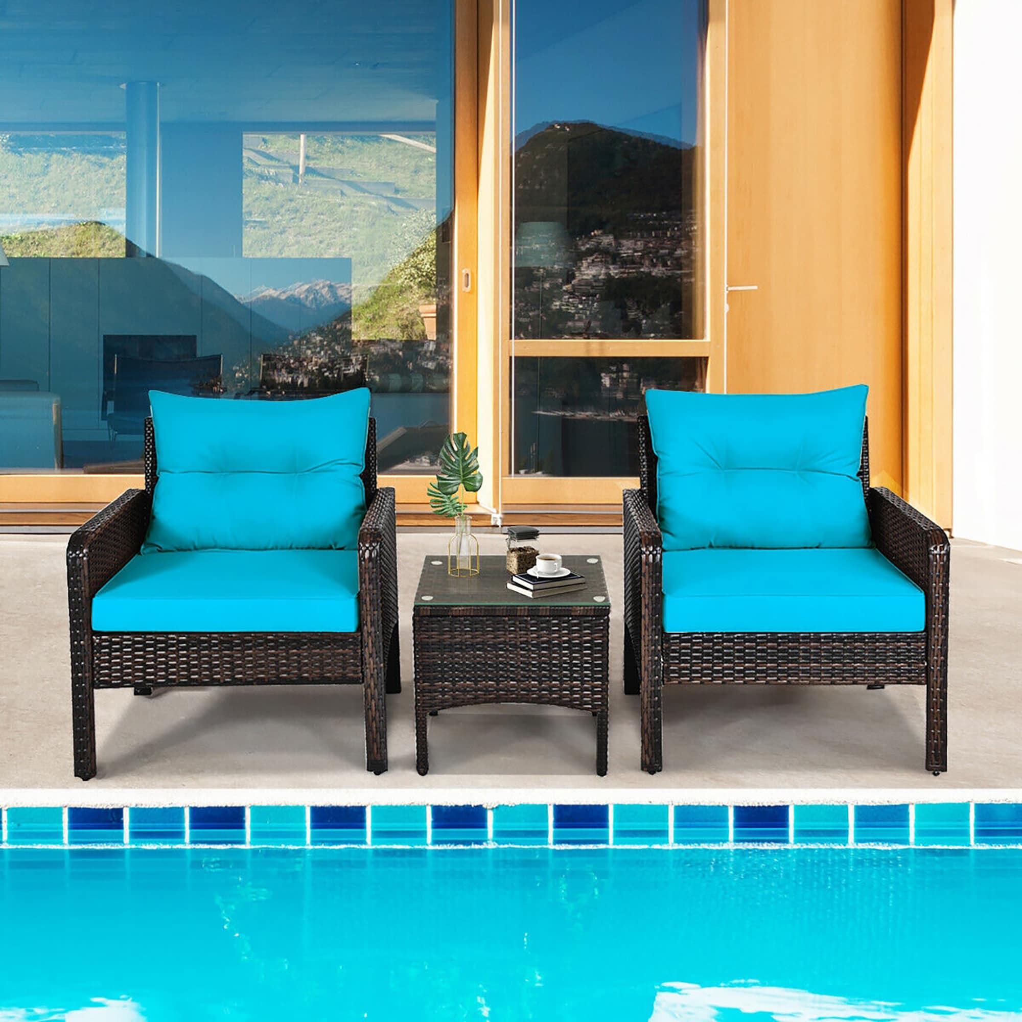 BABOOM BOM-39TU-CO 3 -Piece Rattan Patio Conversation Set with Blue Cushions