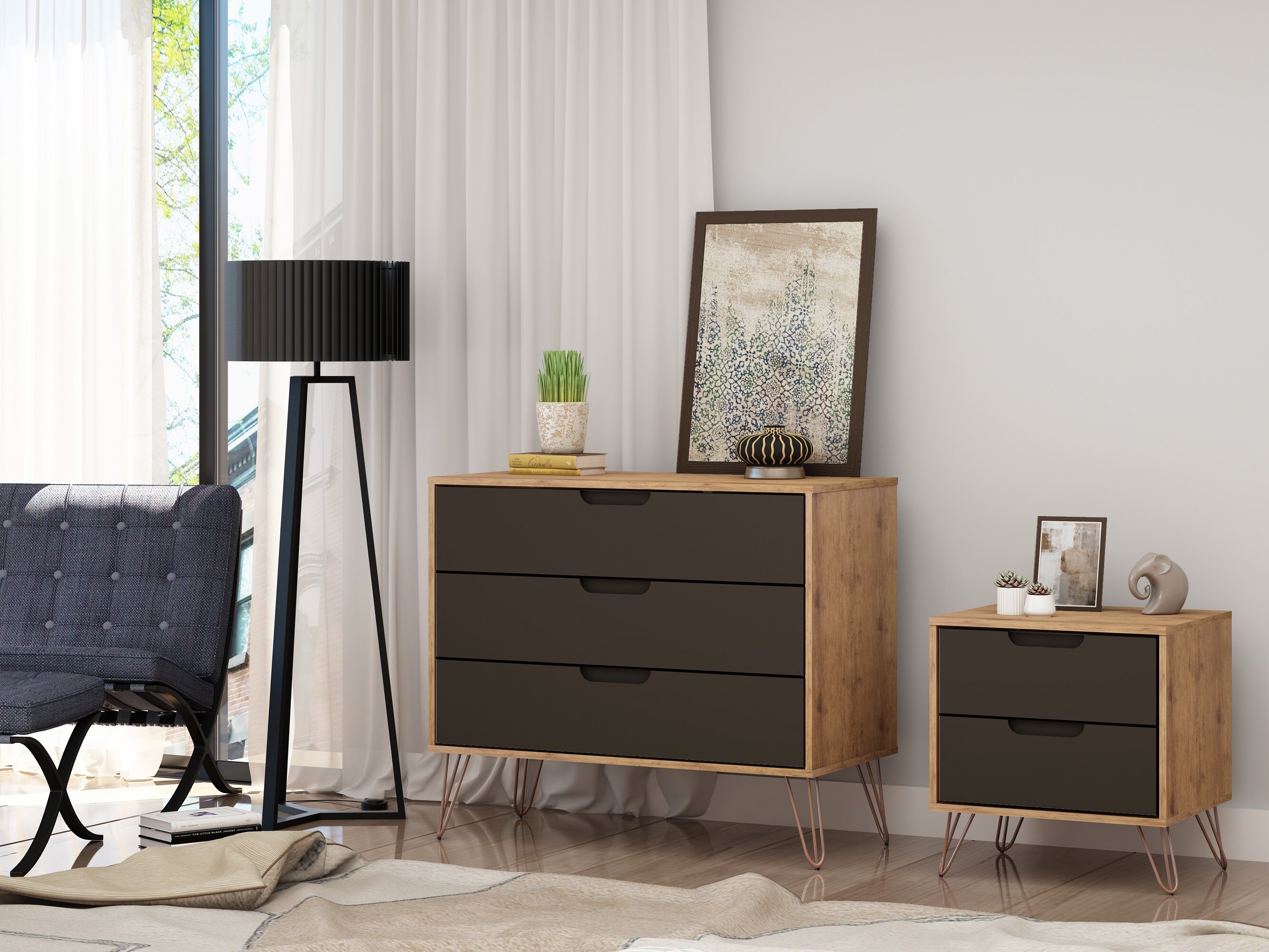 Manhattan Comfort 104GMC7 Rockefeller Nature and Textured Grey 5-Drawer