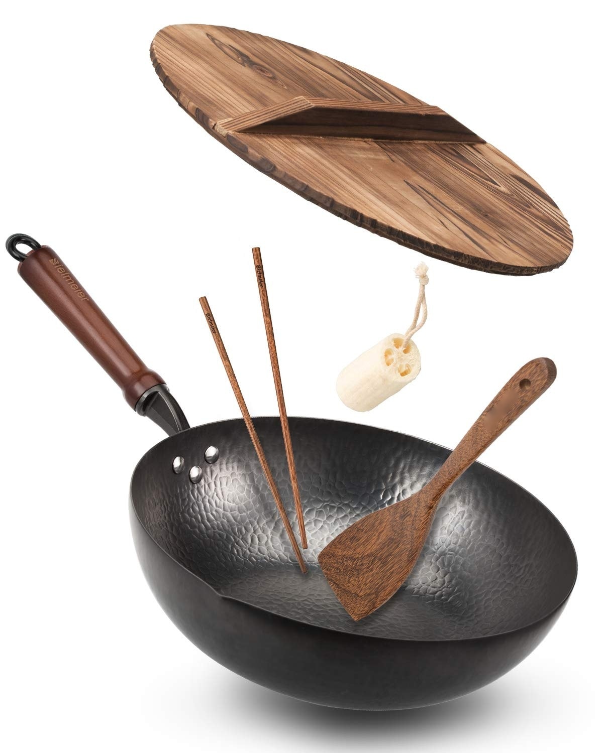Aoibox  12 5 Inch Carbon Steel Wok Pan with Flat Bottom Wooden Handle and Lid Cookware Accessories Fits All Stove Types
