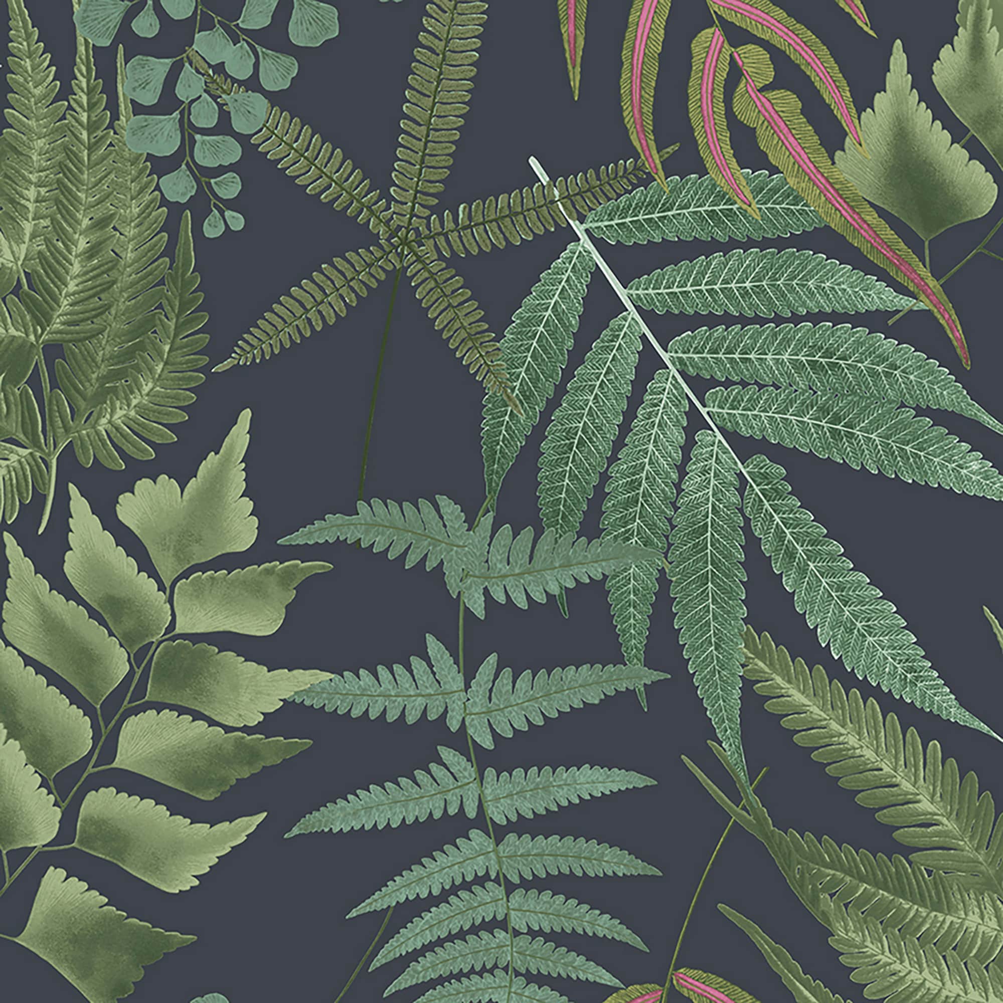 Midsummer Fern Navy Blue and Green Botanical Wallpaper