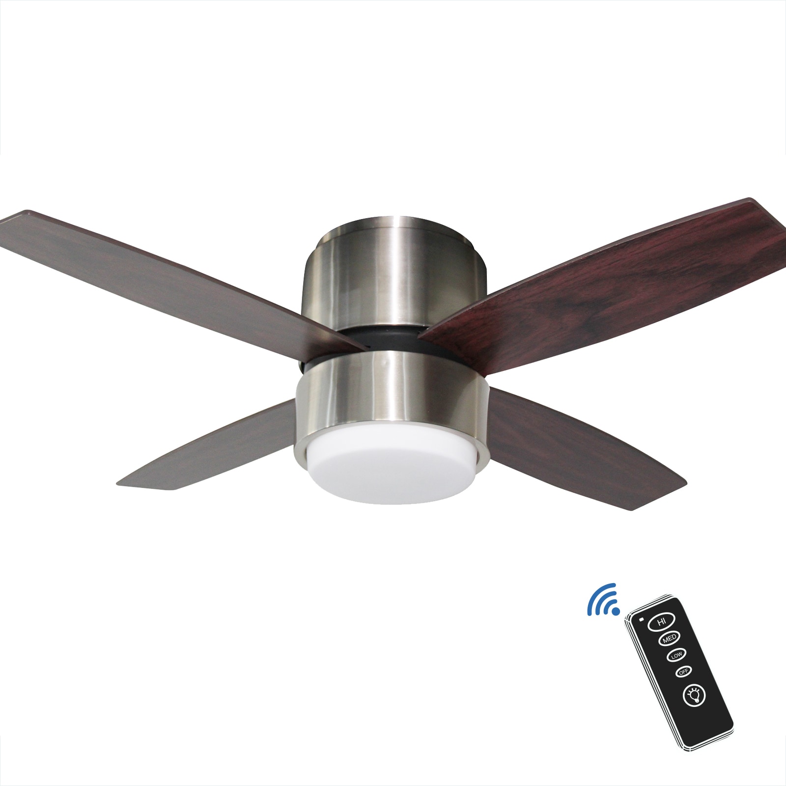 BLUE MOUNTAIN FANS 21304 Prism 42-in Integrated LED Flush Mount Brushed NIckel with Black accent with Teak finish Blades Ceiling Fan With Light and Remote ( 4 -Blade )