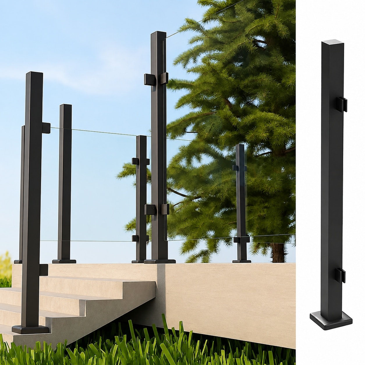 CYIKE  Black 304 Stainless Steel Glass Railing Post with Clamps for Eight to Twelve Millimeter Glass for Indoor and Outdoor Balustrade Balcony