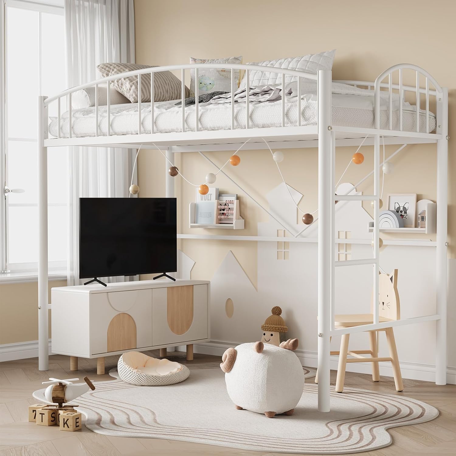 Qeetex LHF-BED-PHO-16Q5L07B Loft Bed Twin Size Heavy Duty Metal Loft Bed Frame with Arched Guardrail and Safety Ladder Space-Saving No Box Spring Needed Matte White