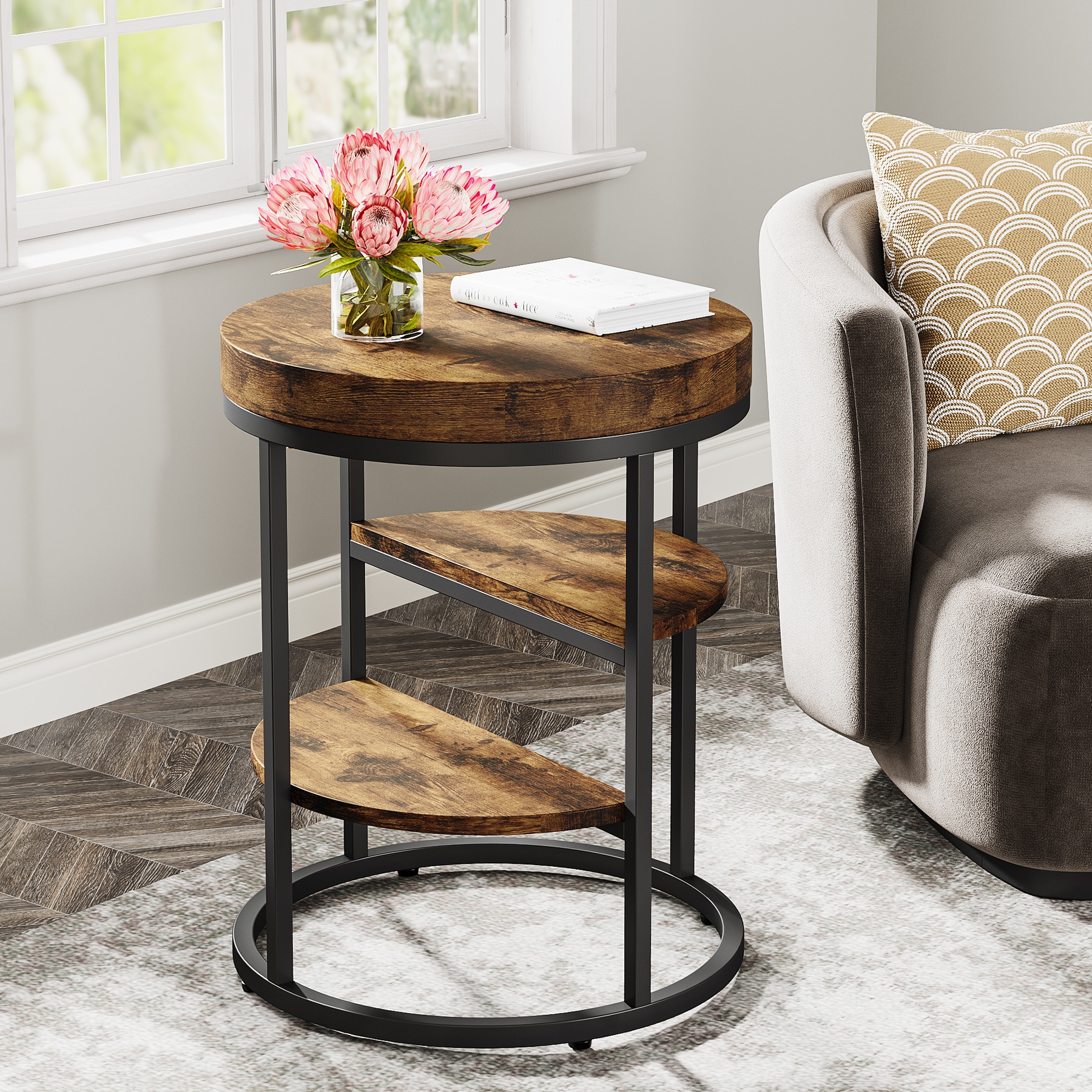 Fnova LWTJ-J0251 End table 20-in W x 26-in H Brown Wood Round Industrial End Table Assembly Required