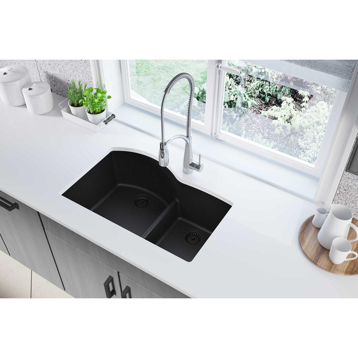 Elkay Quartz Classic Undermount 33-in x 22-in White Double Offset Bowl Kitchen Sink | ELGHU3322RWH0C