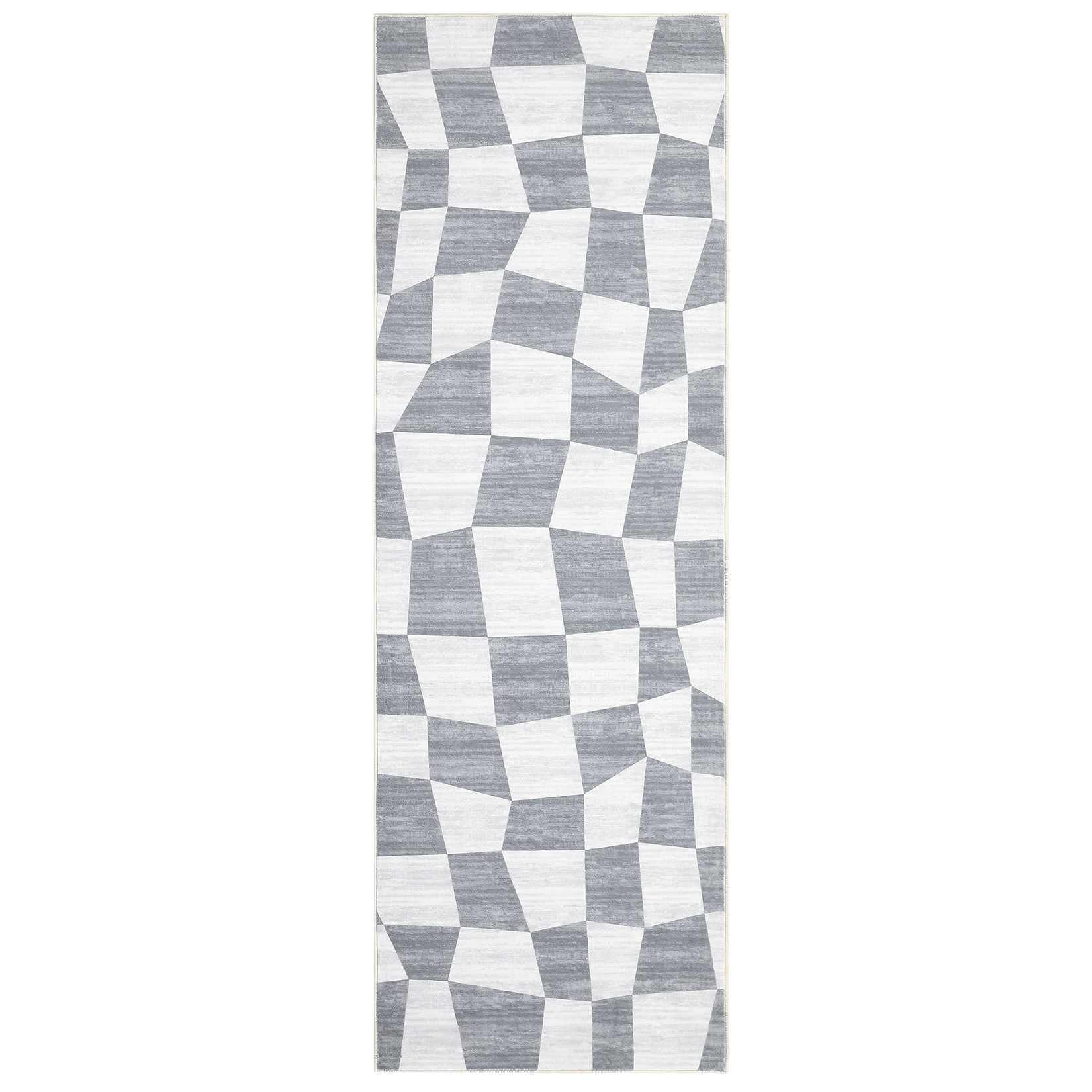 WhizMax SUNNY-PHO-14B2UNBT 2 x 6 ft Polyester Grey Rectangular Hallway Entryway Bathroom Kitchen Geometric Checkered Modern Machine Washable Runner Rug