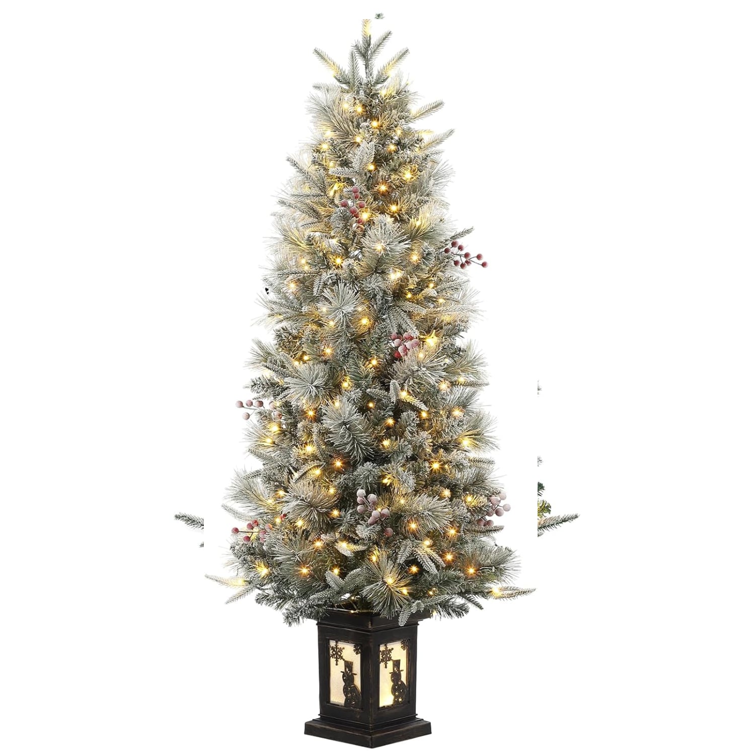 Der Rose 4.5ft Christmas Xmas Tree 200 LED Lights Prelit Snow Flocked Christmas with Snowman lightbox Base 4 Red Berries