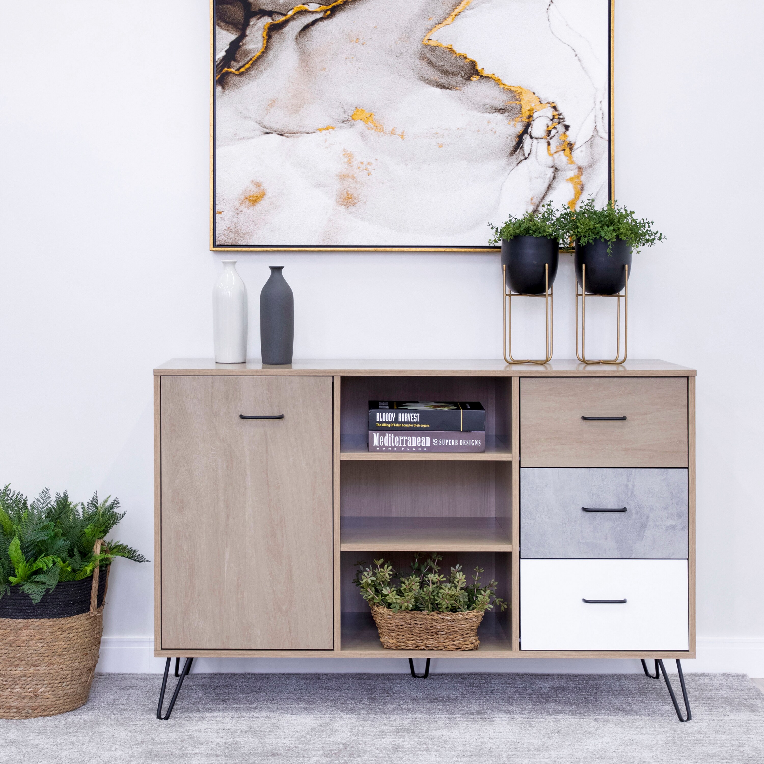 Oak Brown Midcentury Modern Sideboard Buffet Cabinet with Drawers