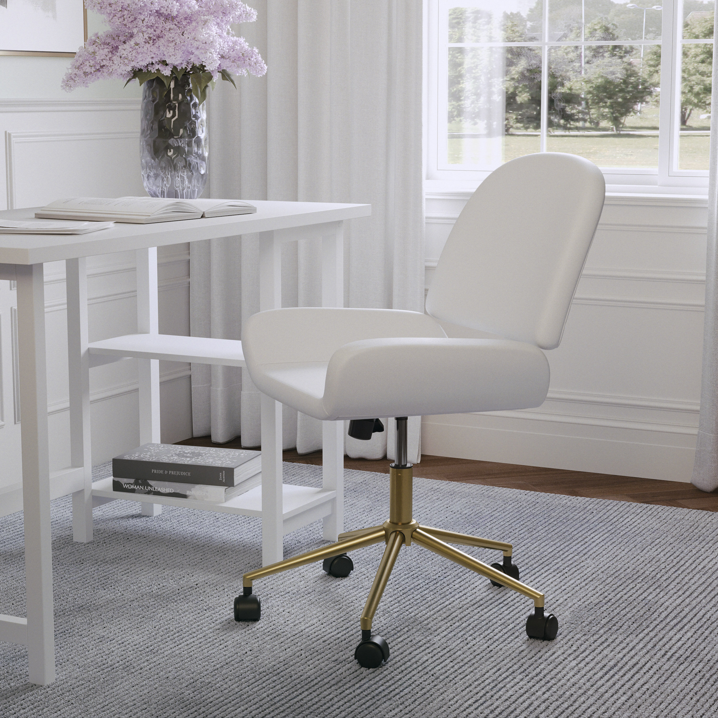 White Faux Leather Armless Swivel Office Chair with Brass Base