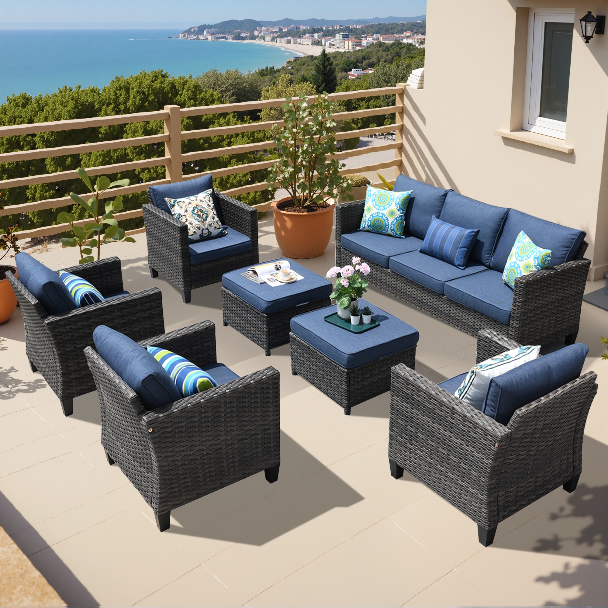 Denim Blue 7-Person Rattan Conversation Set with Cushions