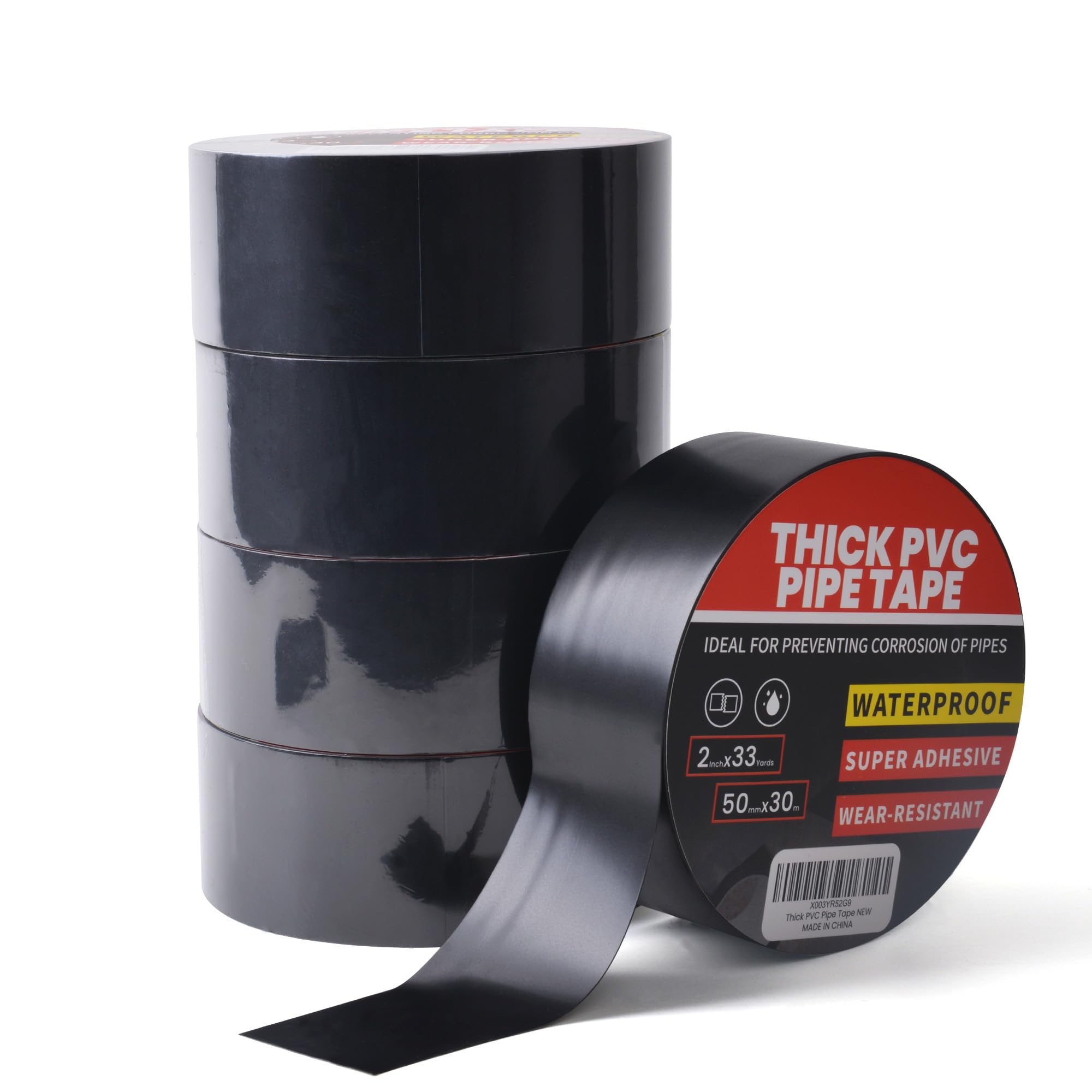 Afoxsos  Pipe Wrap Tape 10mil Thick Waterproof PVC Black Tape 2Inch by 33Yard 5 Rolls for Outdoor Underground Pipe Protection