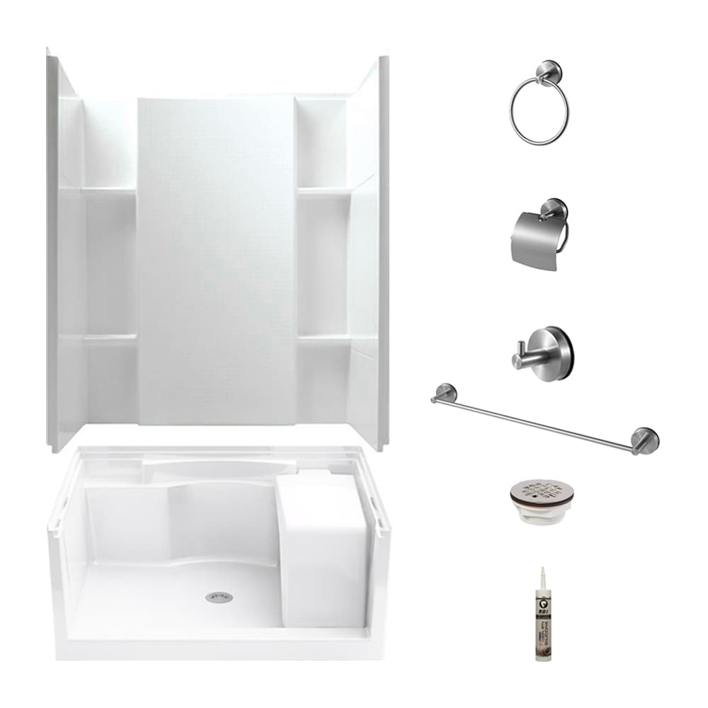 Sterling Accord 5-Piece 36-in W x 48-in L x 74-in H White/Brushed Stainless Rectangular Alcove Shower Kit (Center Drain) with Base, Wall and Drain -  KSA-72280100-N