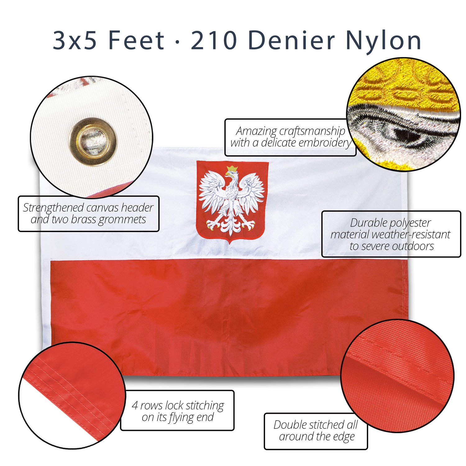 Poland State Ensign Flag 3x5 Foot Heavy Duty Nylon with Embroidered Eagle
