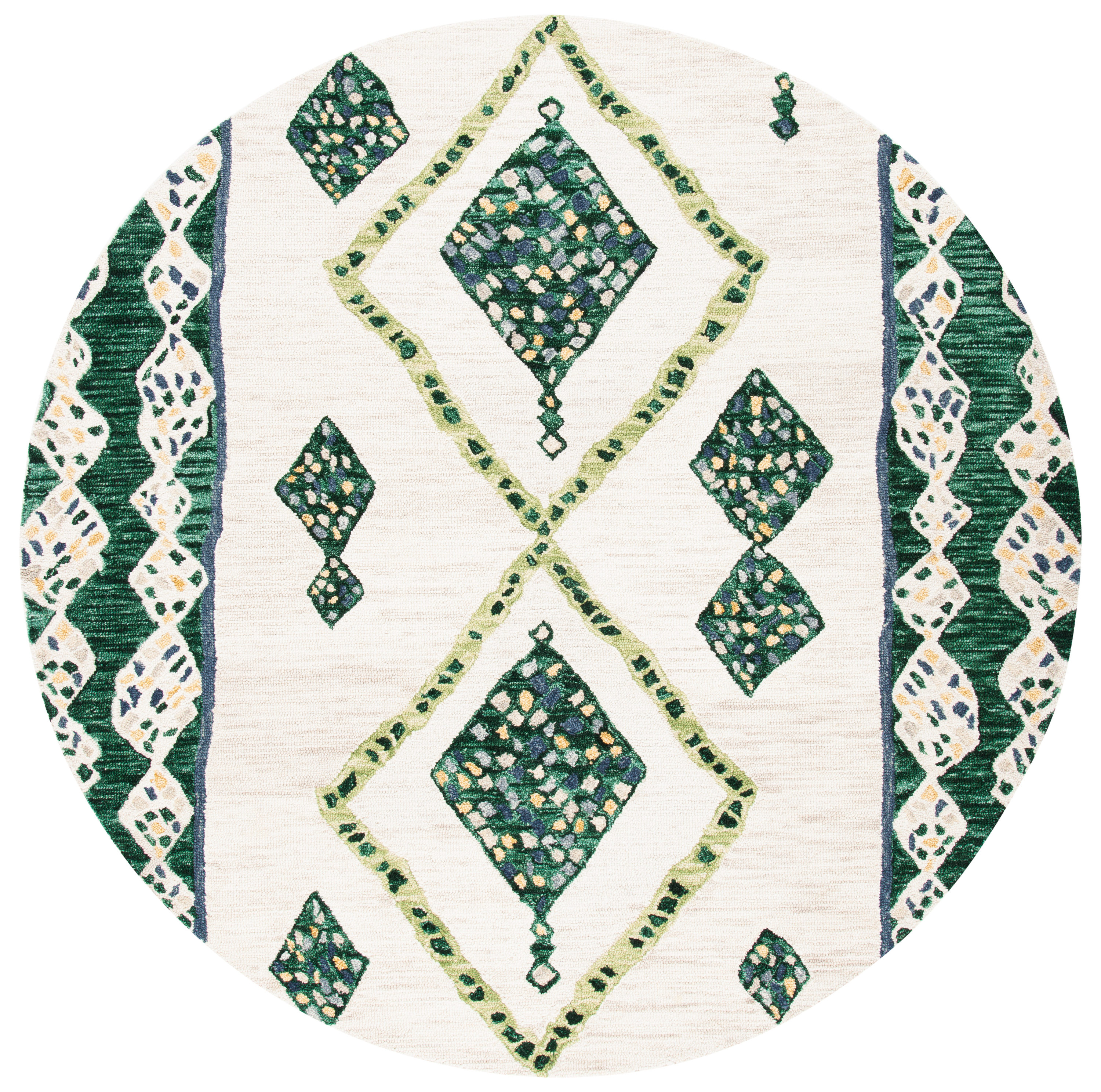 Ivory Geometric Tufted Handmade Wool Round Rug, 7' Diameter