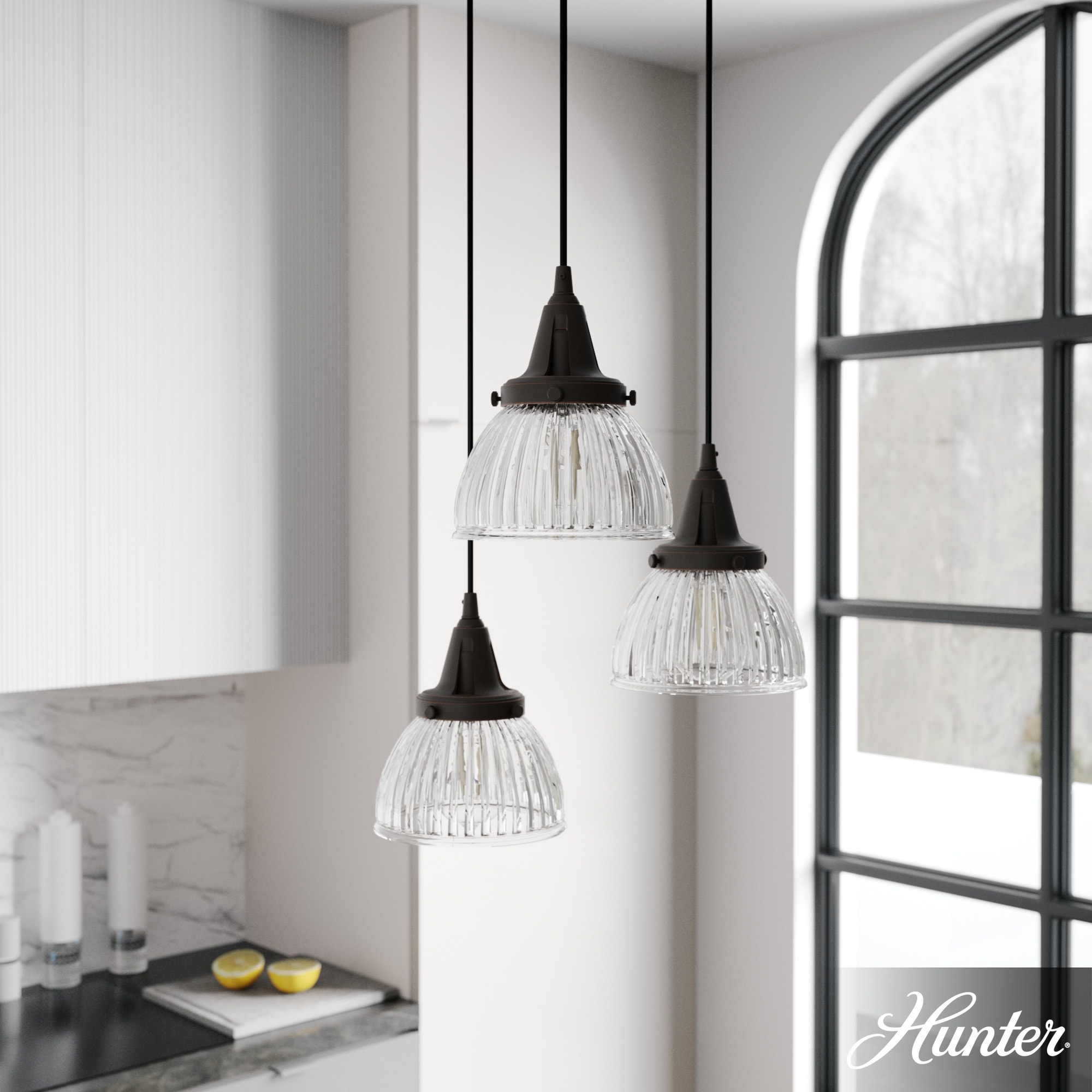 Hunter Cypress Grove 3-Light Onyx Bengal Transitional Clear Glass Tiered LED Mini Hanging