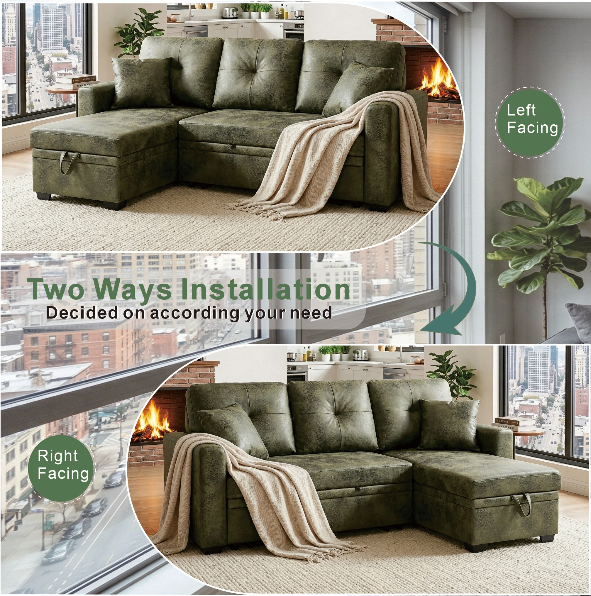 LUXEYARD - Sleeper Sofa Sectional with Pull Out Bed Reversible Chaise Storage Sectional Olive Gre...