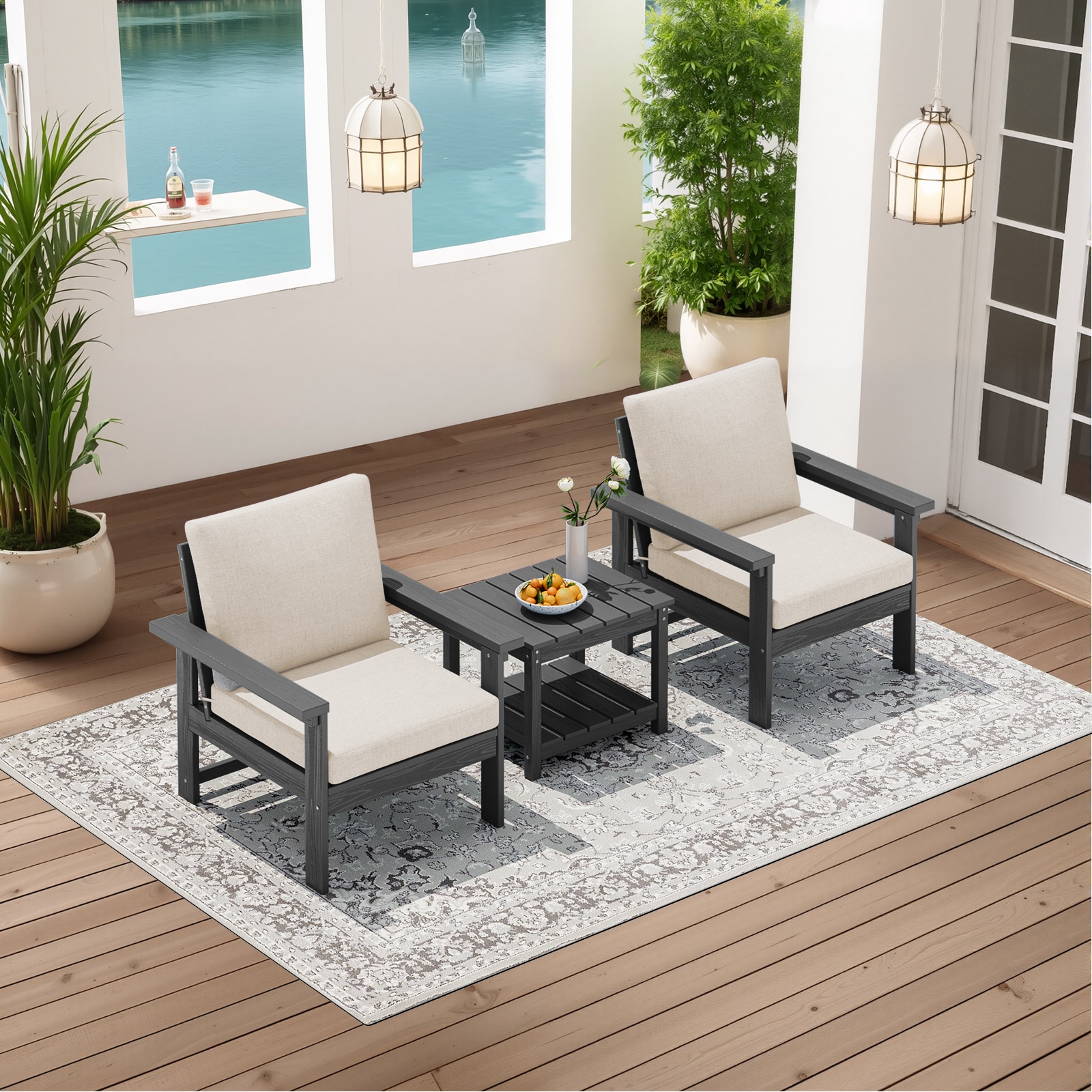 VOUA ZHSF03-BJ-GK Patio Conversation Set for 2 with Side Table 3 -Piece Patio Conversation Set with Beige Cushions