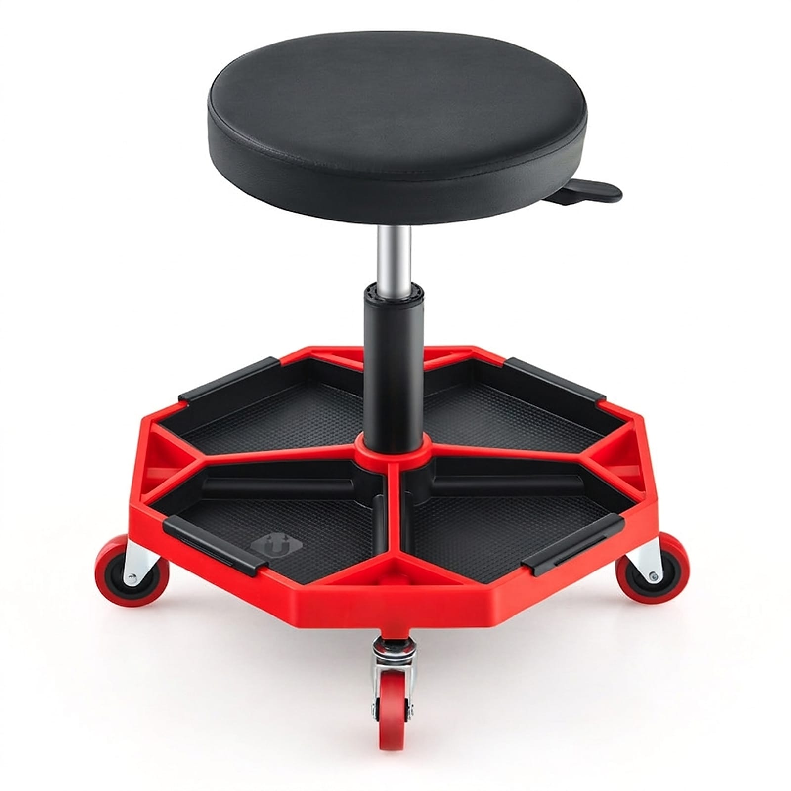 SUGIFT 330-lb Capacity Pneumatic Rolling Mechanic Stool Adjustable 16-in to 22-in Height 360-Degree Swivel Padded 2-in Seat 4 Universal Casters Removable Tool Tray Waterproof Faux Leather Rustproof Metal Frame for Garage Shop Red