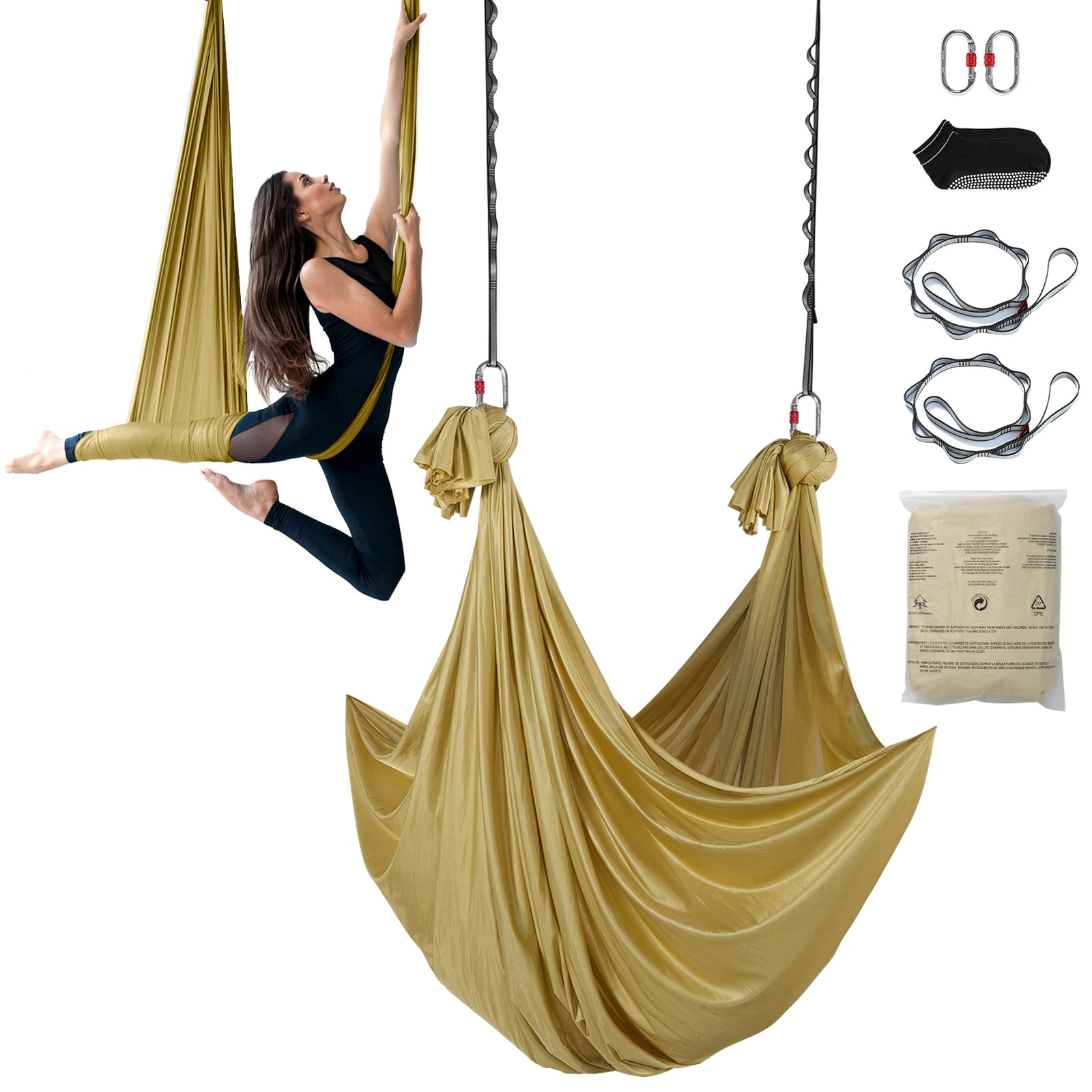 VEVOR SCDCK4X28MJS03281V0 Aerial Yoga Hammock and  Swing  4.4 Yards  Aerial Yoga Starter Kit with 100gsm Nylon Fabric  Full Rigging Hardware and  Easy Set up Guide  Antigravity Flying for All Levels Fitness Bodybuilding  Gold