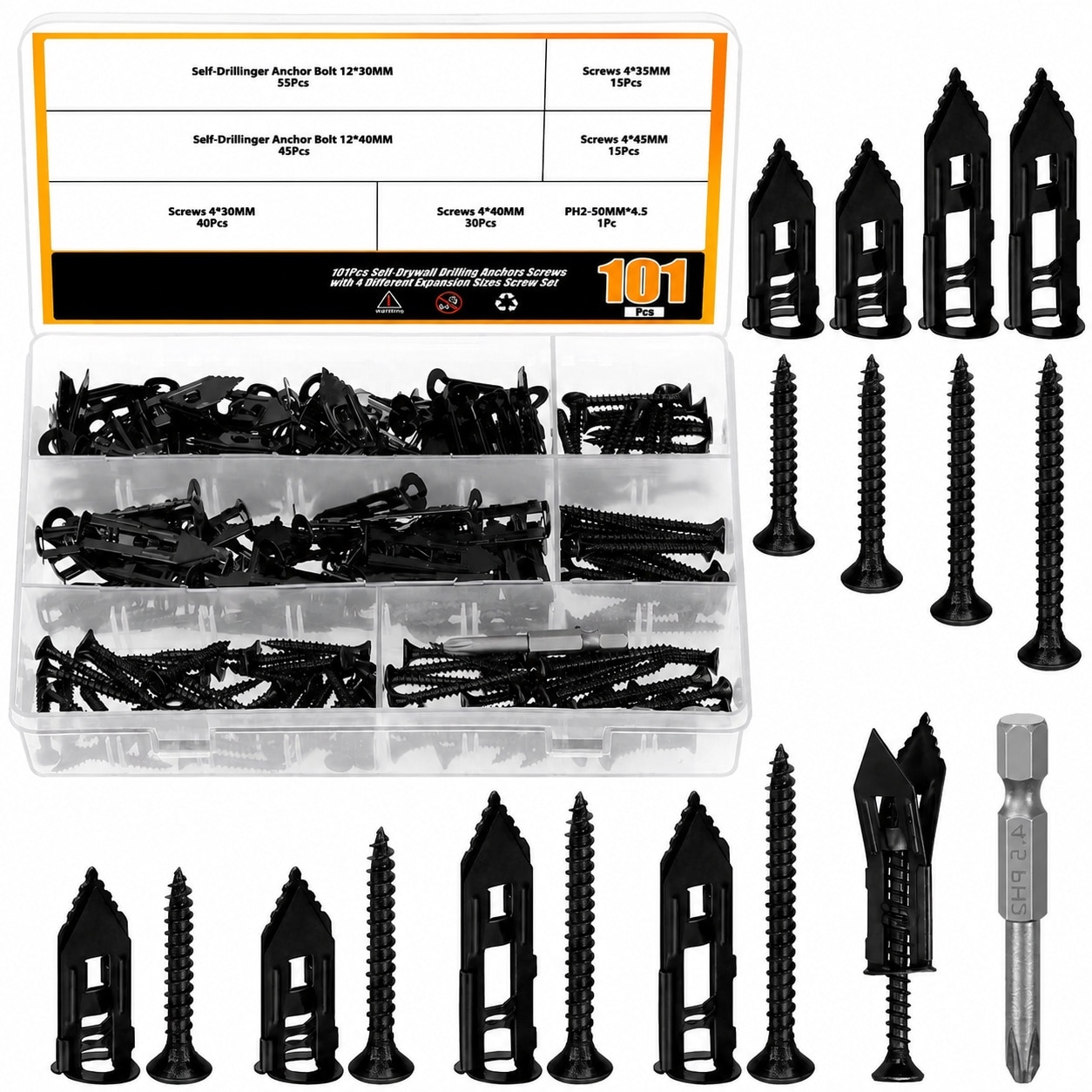 DYRCJ  200 Pieces Self Drilling Drywall Anchors with Screws Four Sizes Steel Wall Anchors with Screwdriver Bit for Secure Wall Hanging Black