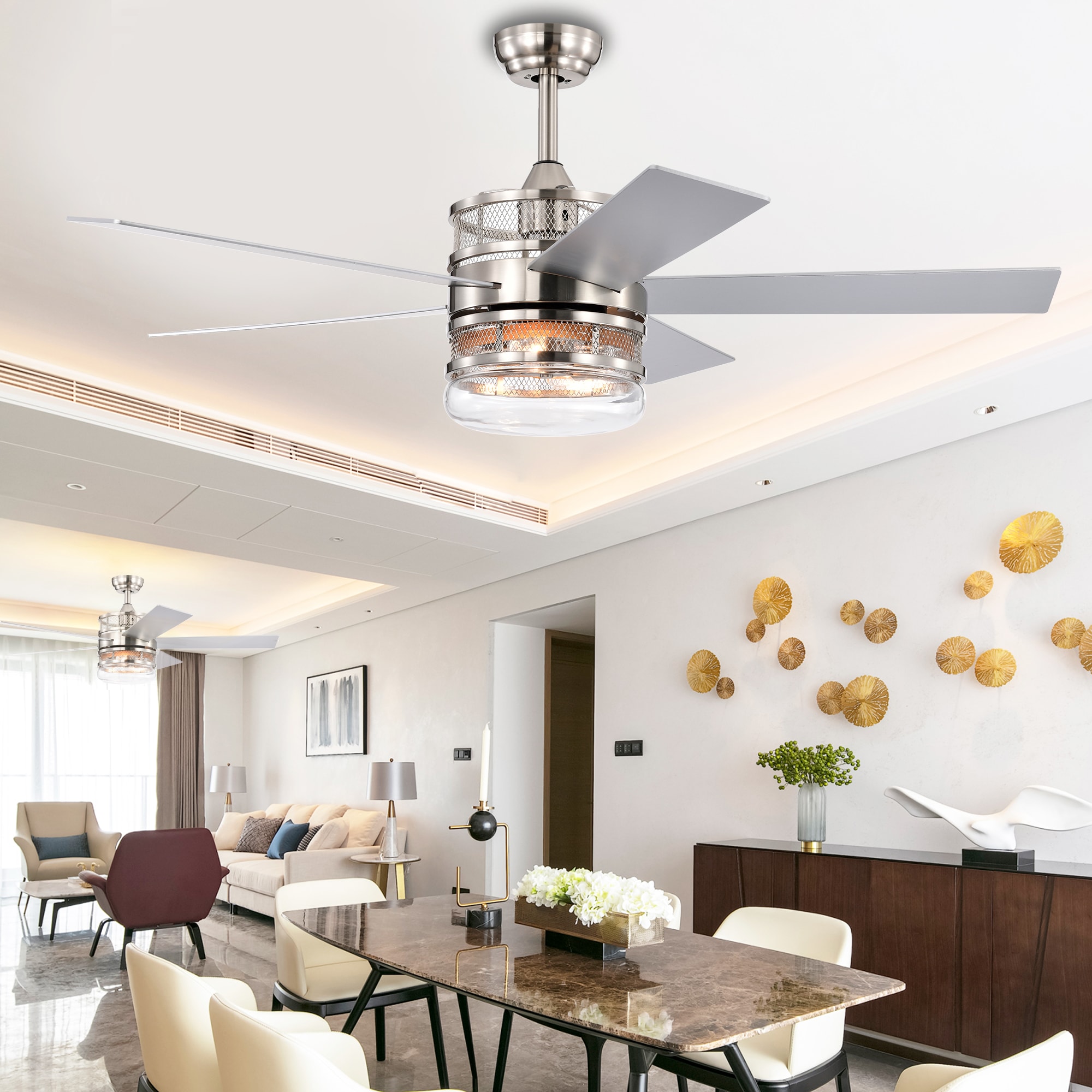 JIMSMAISON JMHECF13-52NK 52-in Nickel with Silver Blades Ceiling Fan Without Light - Remote Included ( 5 -Blade )