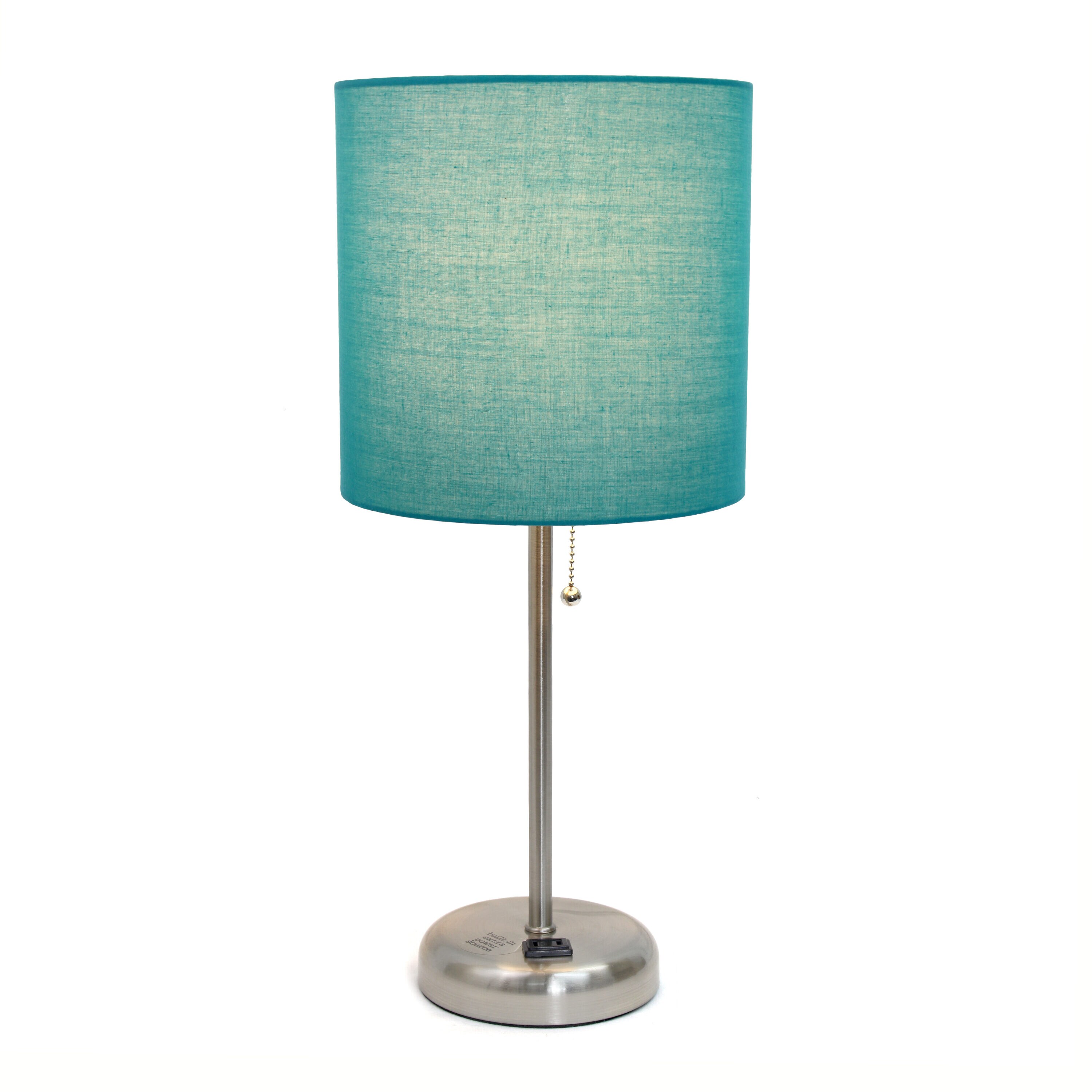 19.5" Brushed Steel and Teal Fabric Table Lamp with Power Outlet