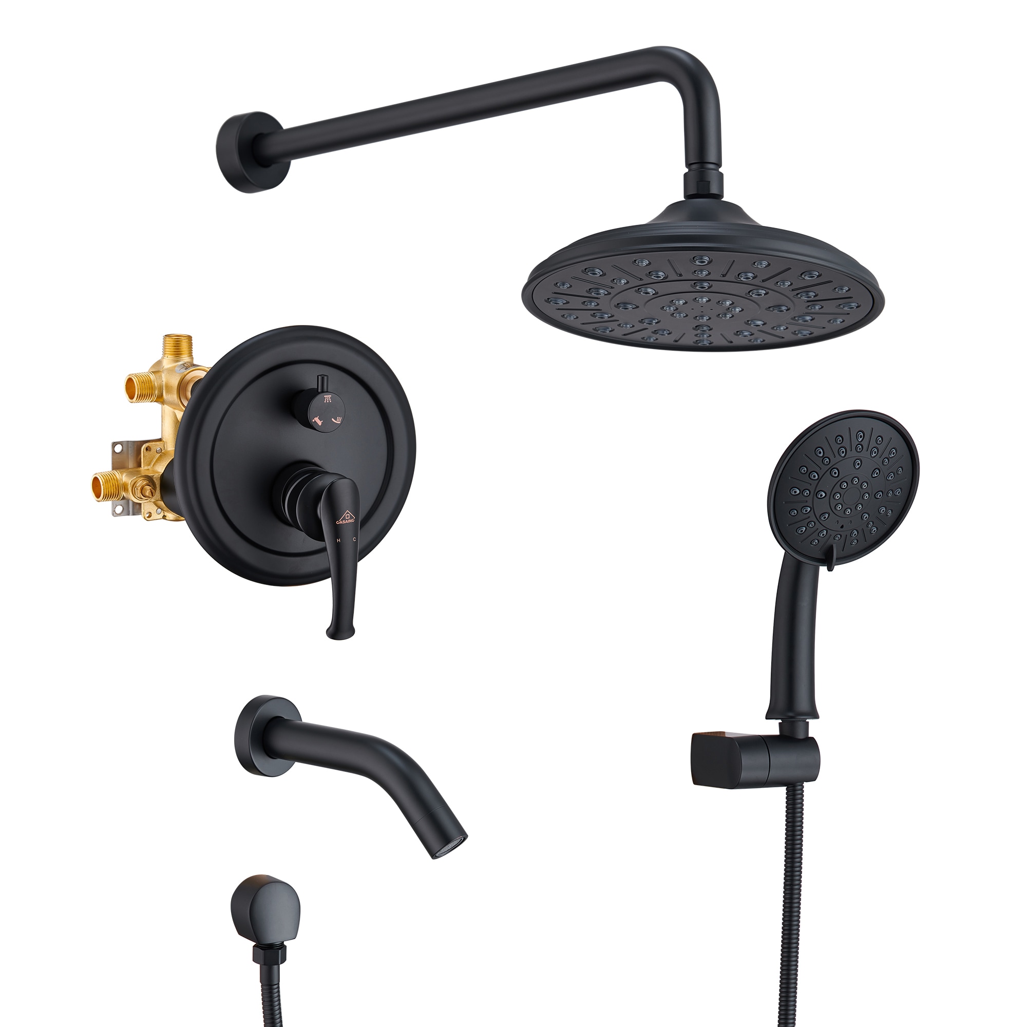 CASAINC HM-B208-SQ-MB Matte Black 8.3-in Built-In Shower Faucet System with 3-way Diverter ( Pressure-balanced Valve Included )