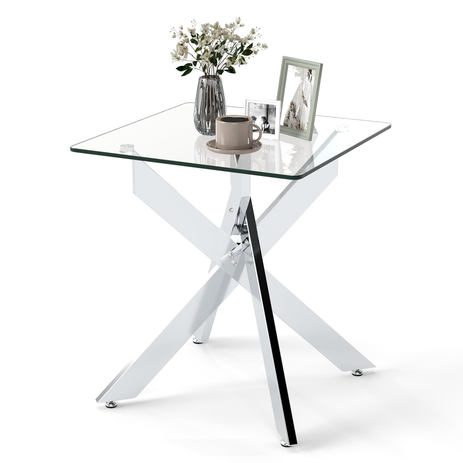 Volenca Square Tempered Glass Side Table with Double X Metal Base and Protective Corners 20-in W 100-lb Top