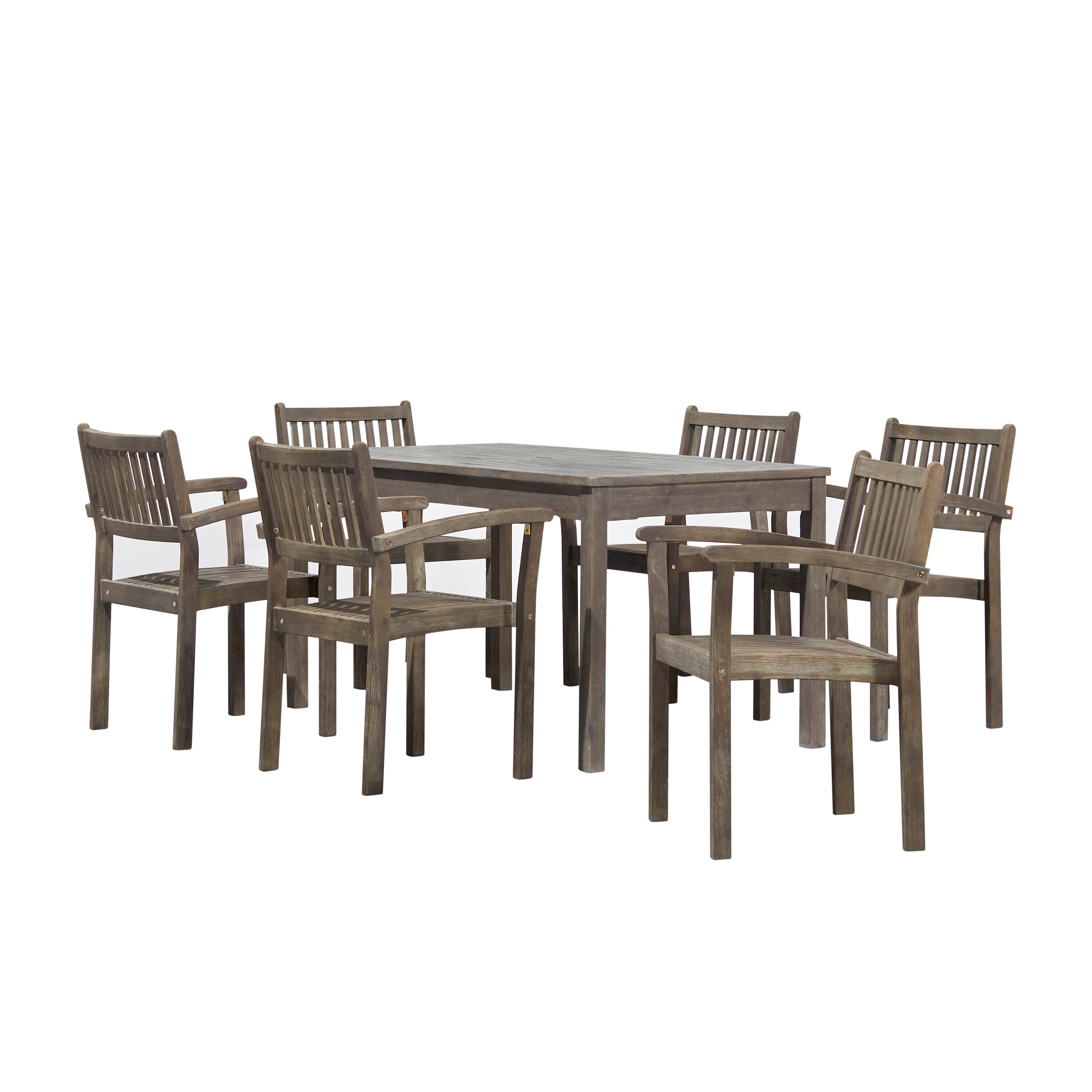 AZEN M1297SET28 Renaissance 7 -Piece Gray Patio Dining Set Acacia Rectangle Table with 6 Stationary Chairs