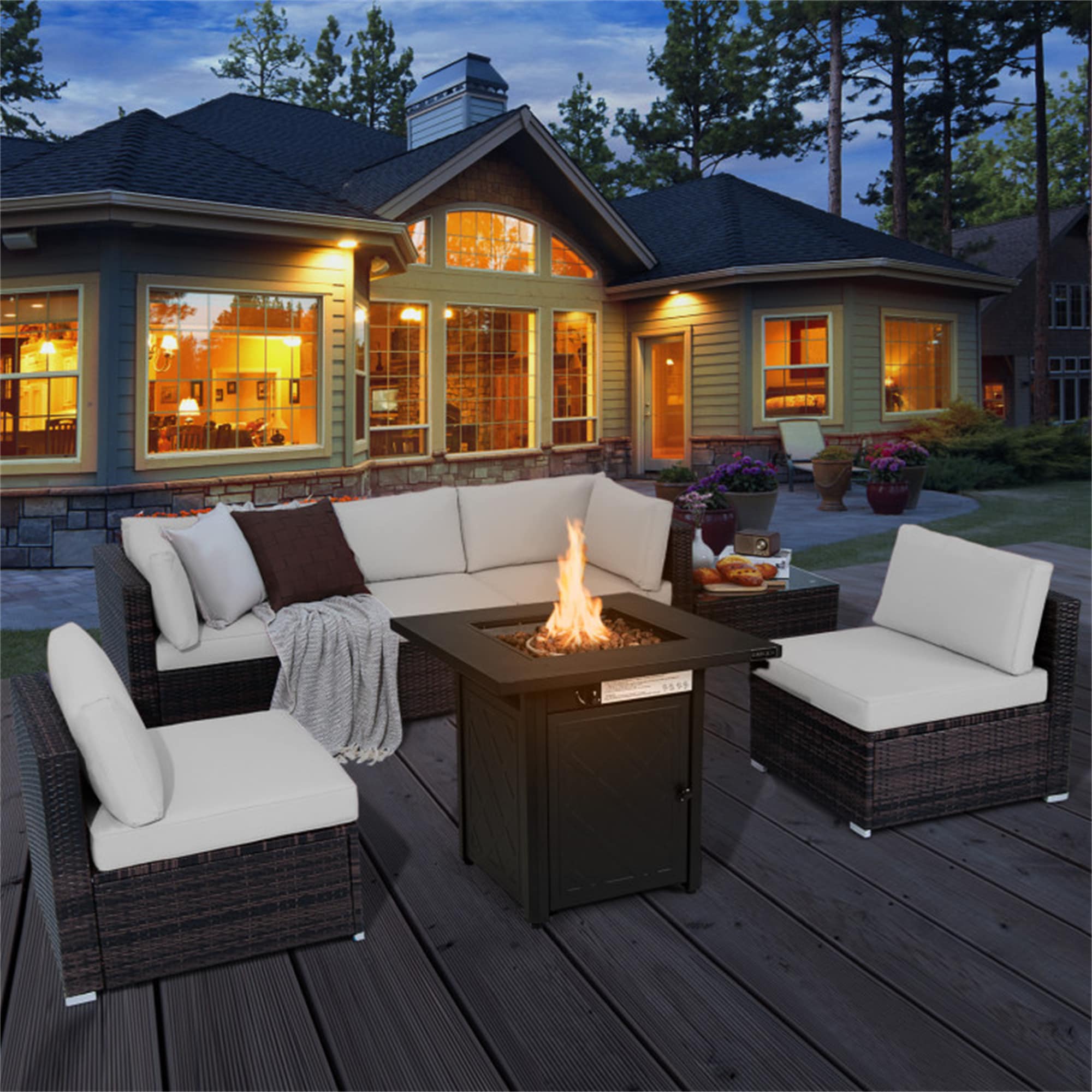 BABOOM BOM-1234AAE-OR 7 Pieces Patio Furniture Set 7 -Piece Rattan 2 Patio Sofa Conversation Set with Off-white Polyester Cushions