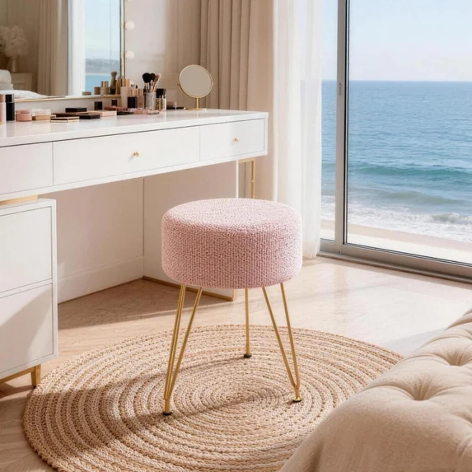 GlasFlength  13 Inch Round Thick Boucle Ottoman Bench with 3 Metal Legs Versatile Vanity Stool Accent Chair Ottoman Footrest for Bedroom Living Room Pink