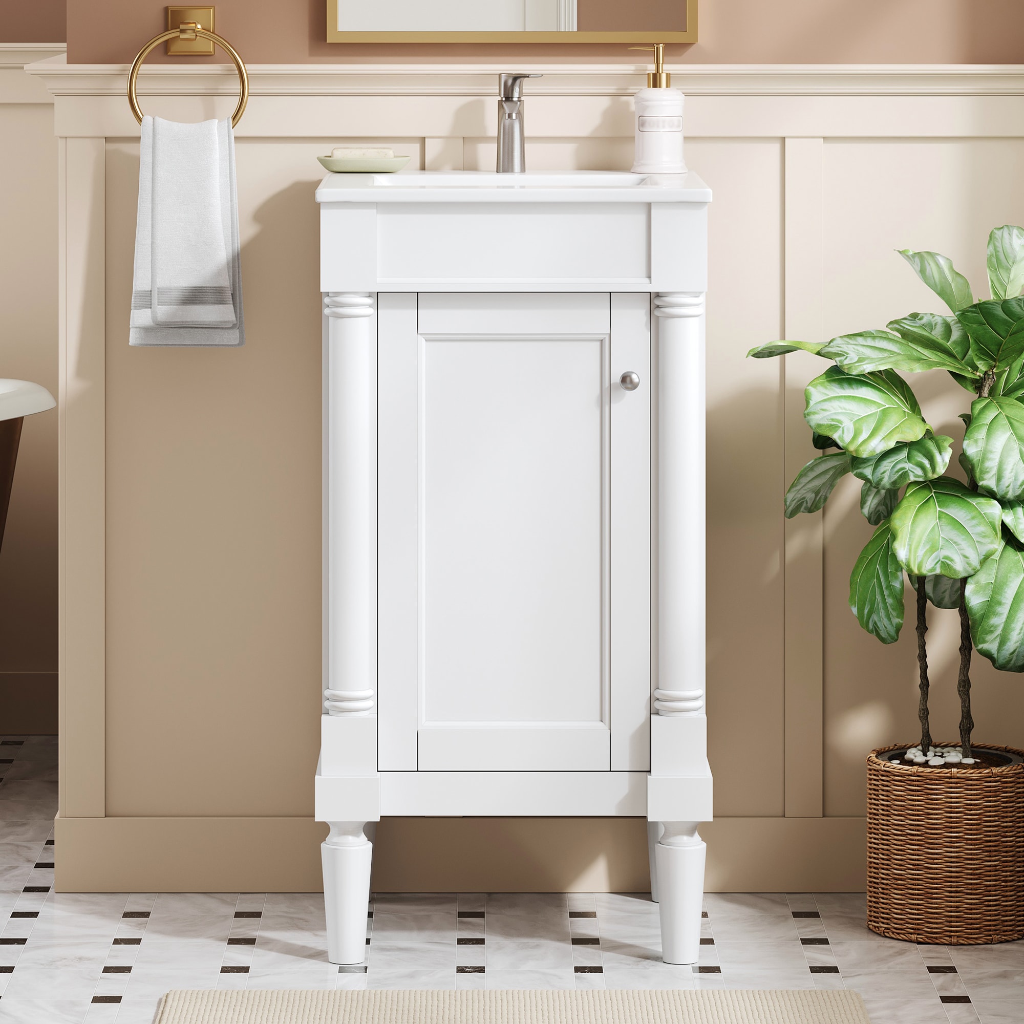 KTMBDW Modern Bathroom Vanity with Ceramic Basin - 18-in Bathroom Storage Vanity Cabinet with Adjustable Shelf and Soft-Closing Hinges (White)